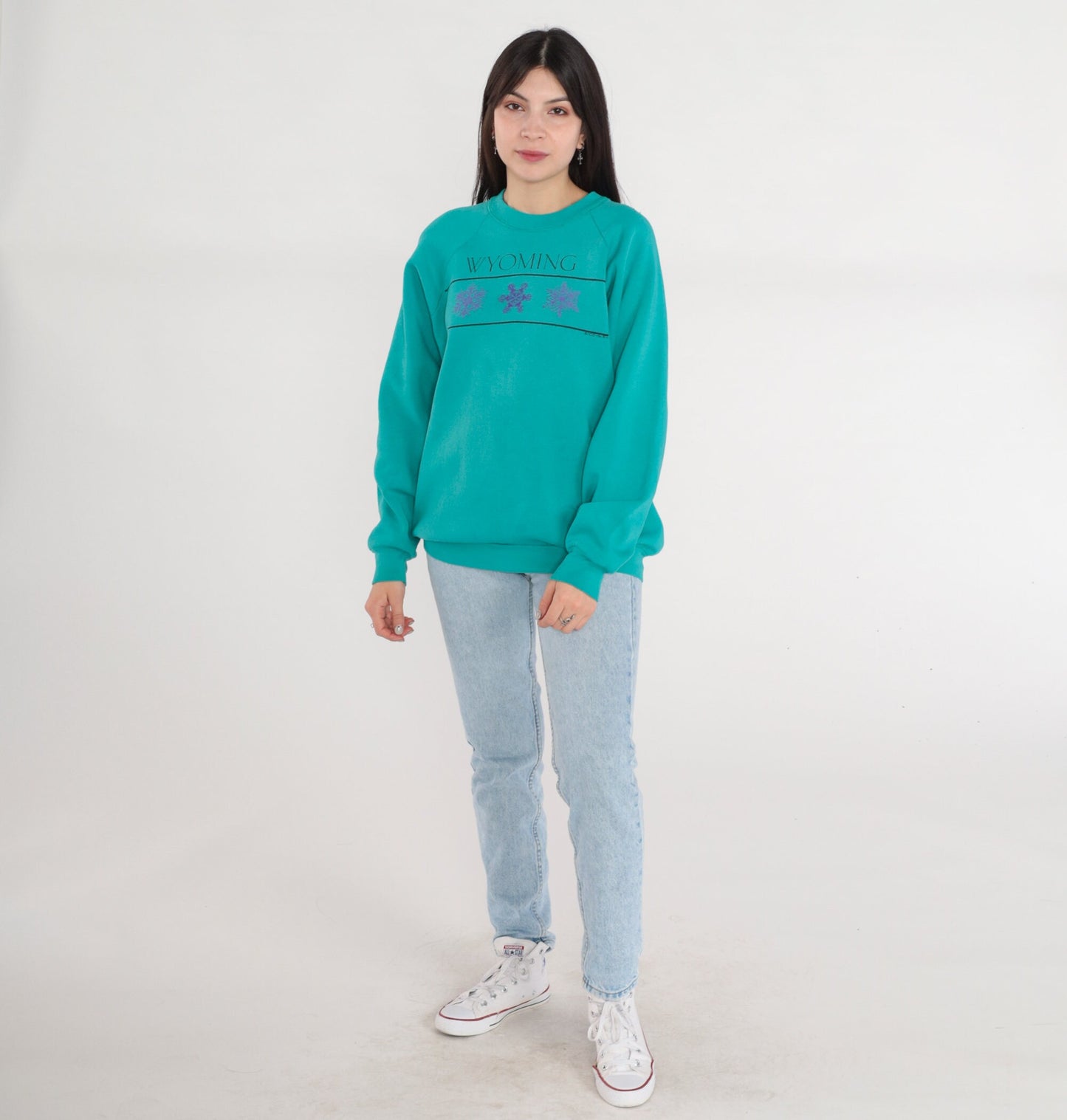90s Wyoming Snowflake Graphic Sweatshirt Teal Raglan Crewneck Extra Large XXL
