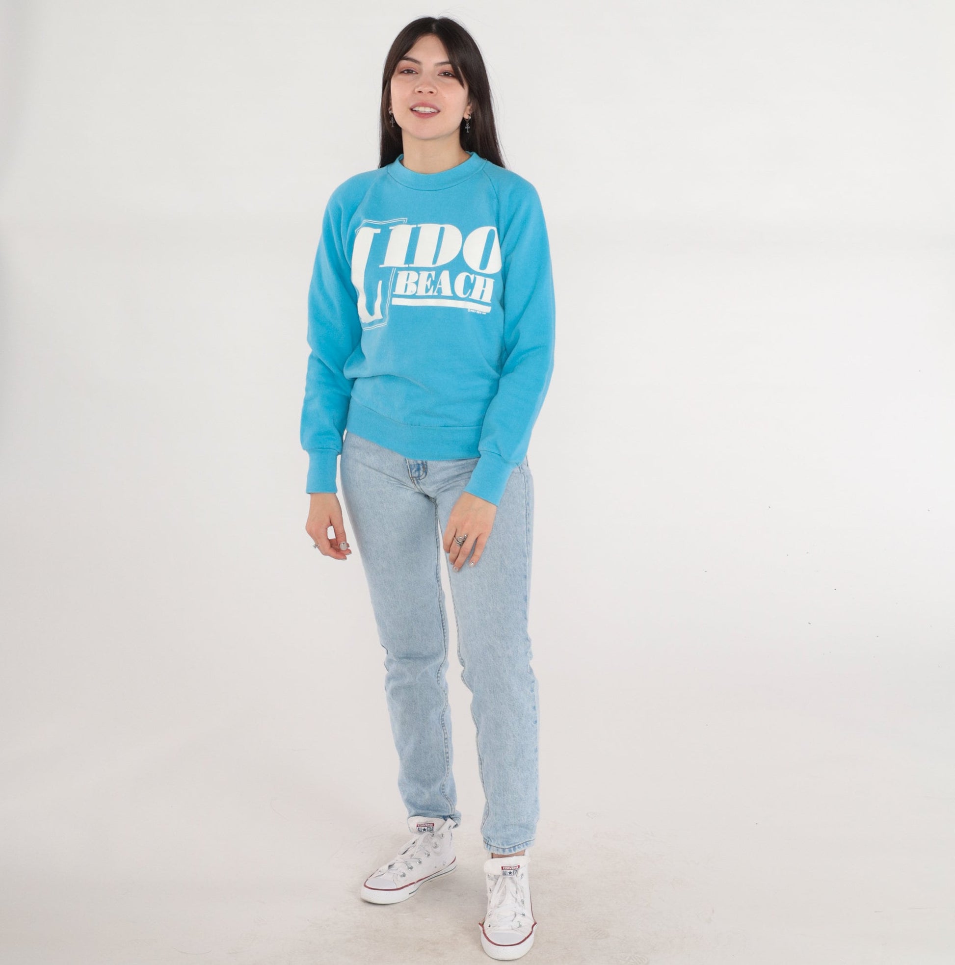 80s Lido Beach Sarasota Florida Raglan Sweatshirt Blue Graphic Small