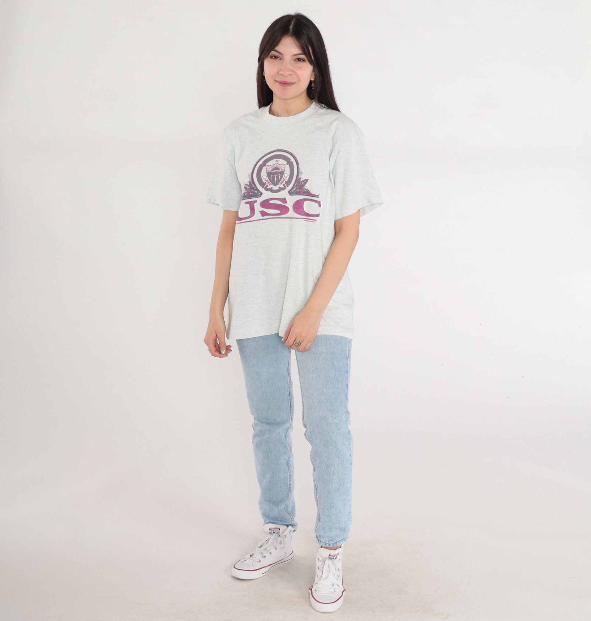 90s USC Trojans Graphic T-Shirt Heather Grey College Tee Medium