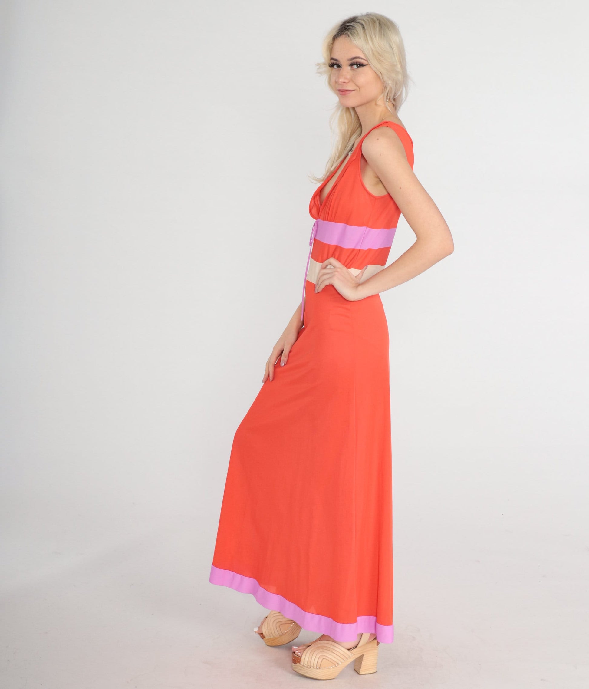 70s Orange Nylon Maxi Slip Dress Deep V Neck Empire Waist Nightgown Small