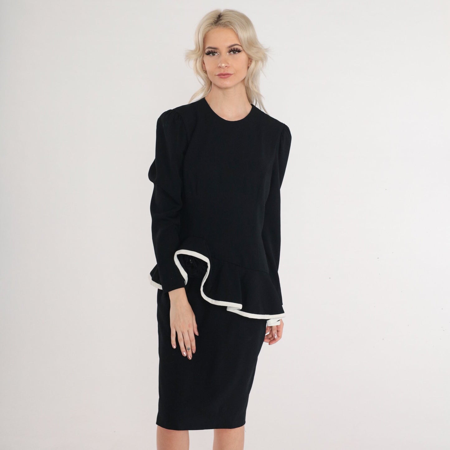 80s Black Peplum Dress White Asymmetrical Ruffle Long Puff Sleeve Knee-Length Small
