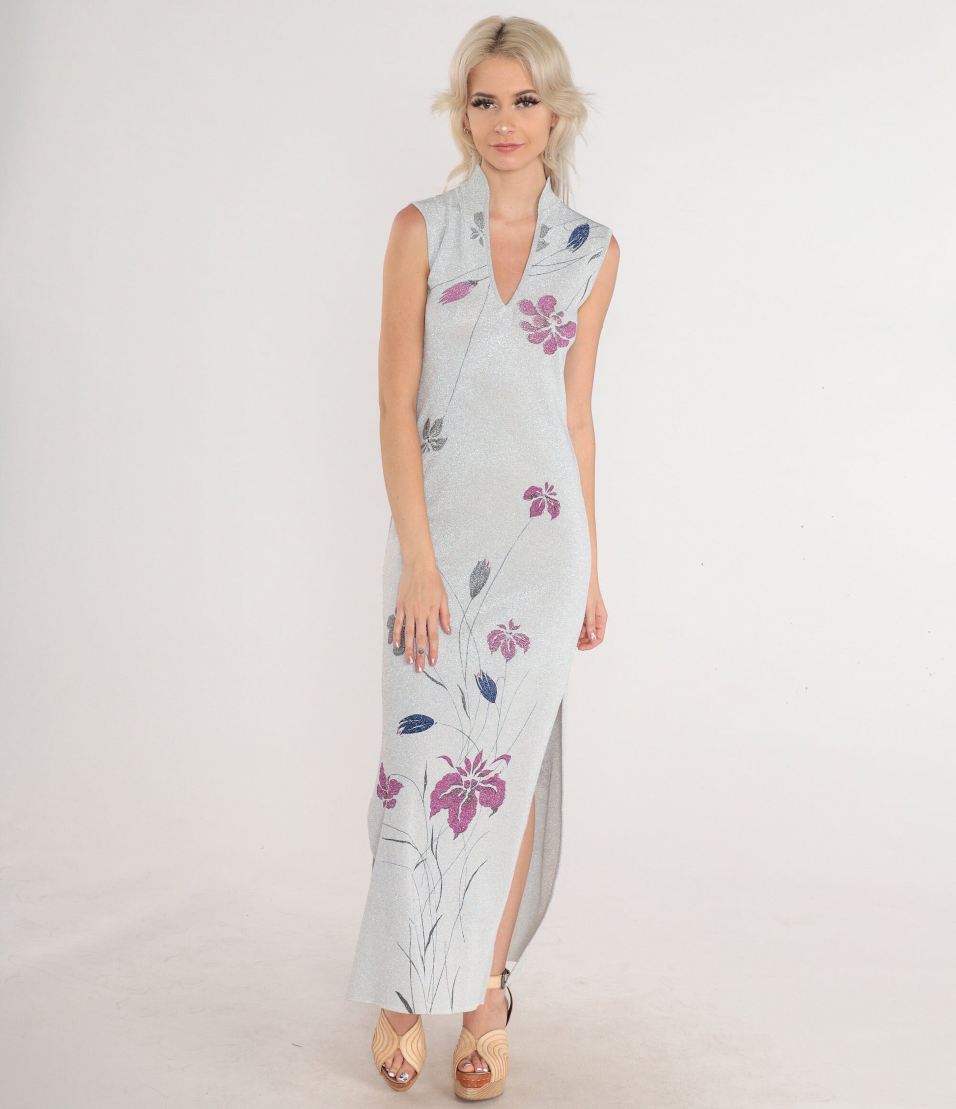 70s Metallic Silver Floral Maxi Gown V-Neck Sleeveless Side Slit Evening Dress XS