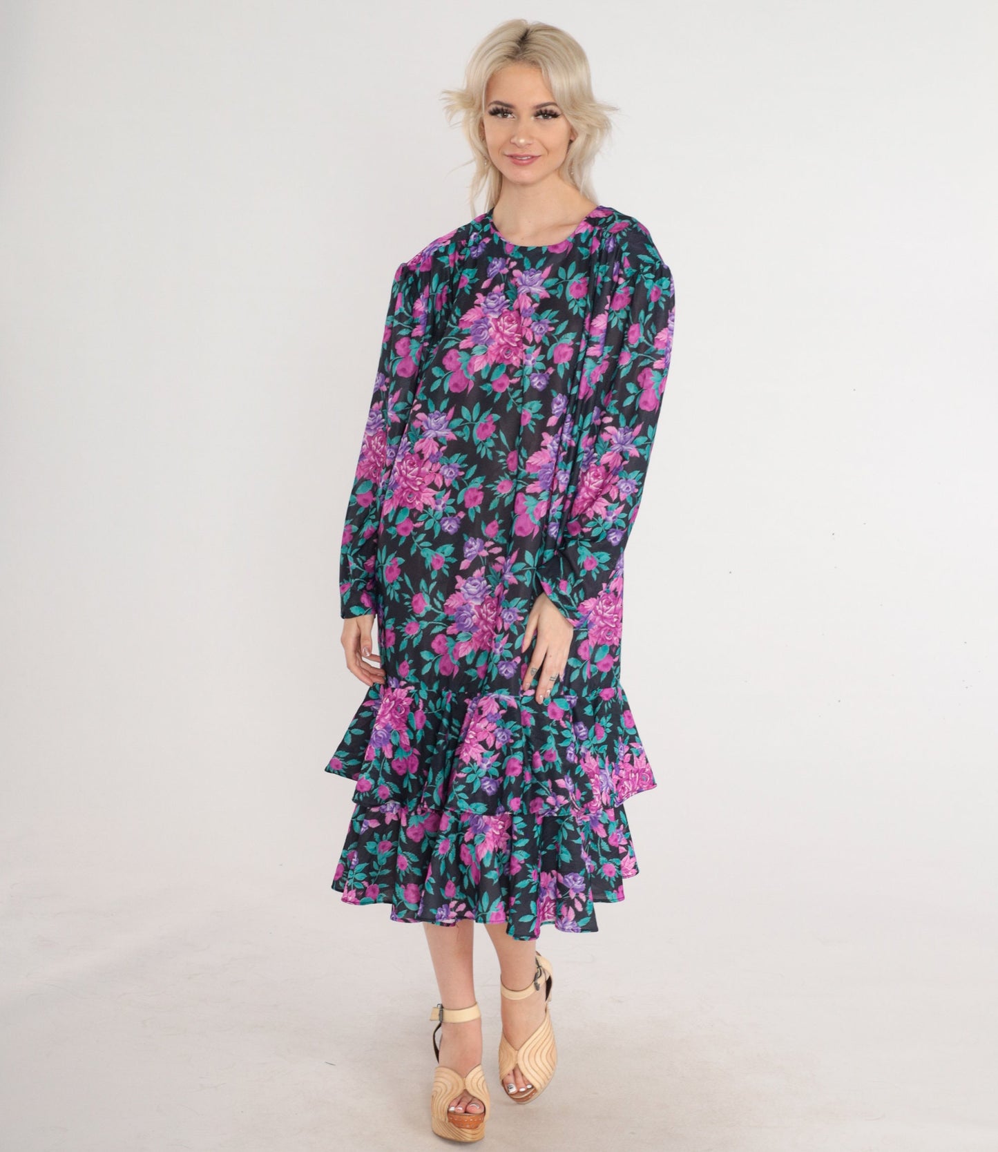 80s Floral Midi Dress Puff Sleeve Tiered Ruffle Black Pink Purple Plus Size 24