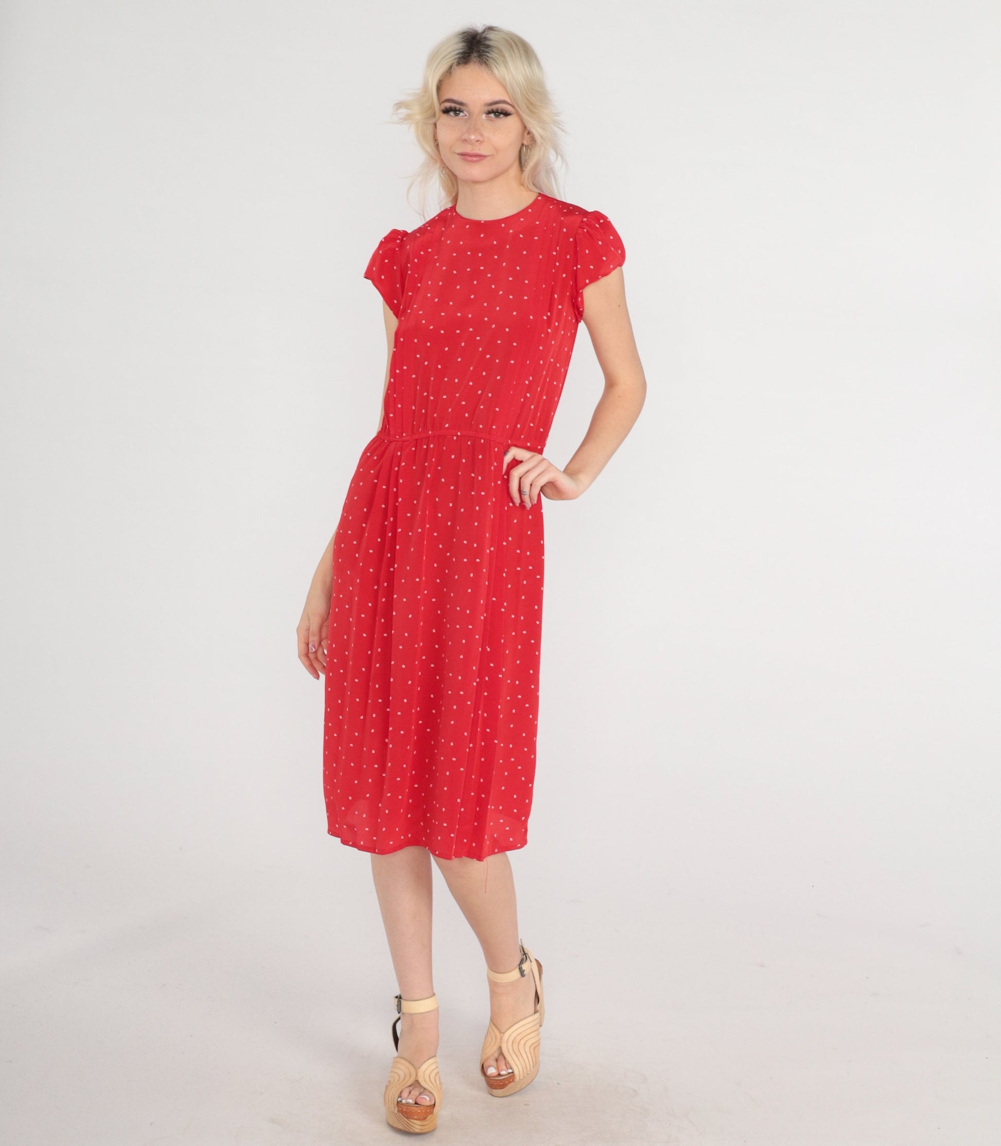 80s Red Sailboat Print Midi Dress Cap Puff Sleeve High Waist Extra Small