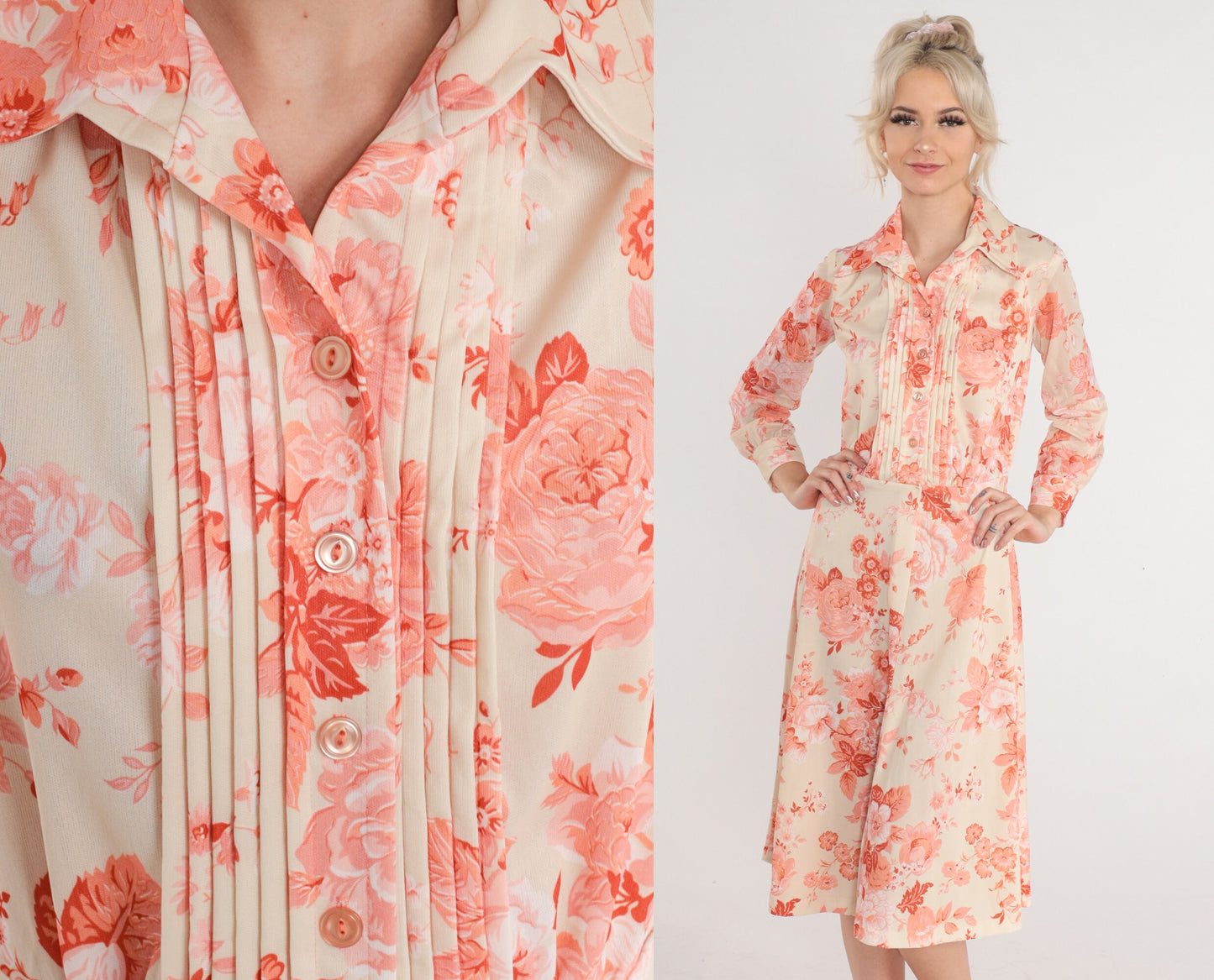 70s Floral Shirtwaist Midi Dress Cream Pink Rose Print Button Up Small