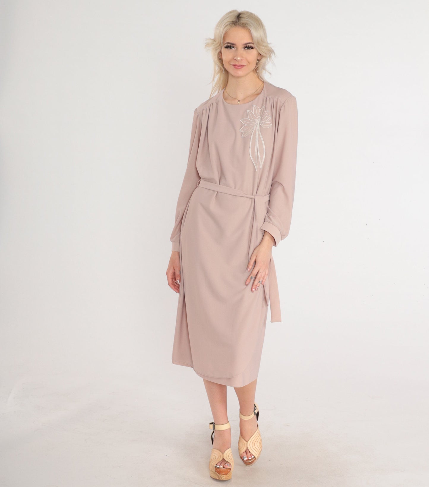 80s Lady Jennifer Taupe Midi Dress Floral Embroidered Long Sleeve Tie Belt Large