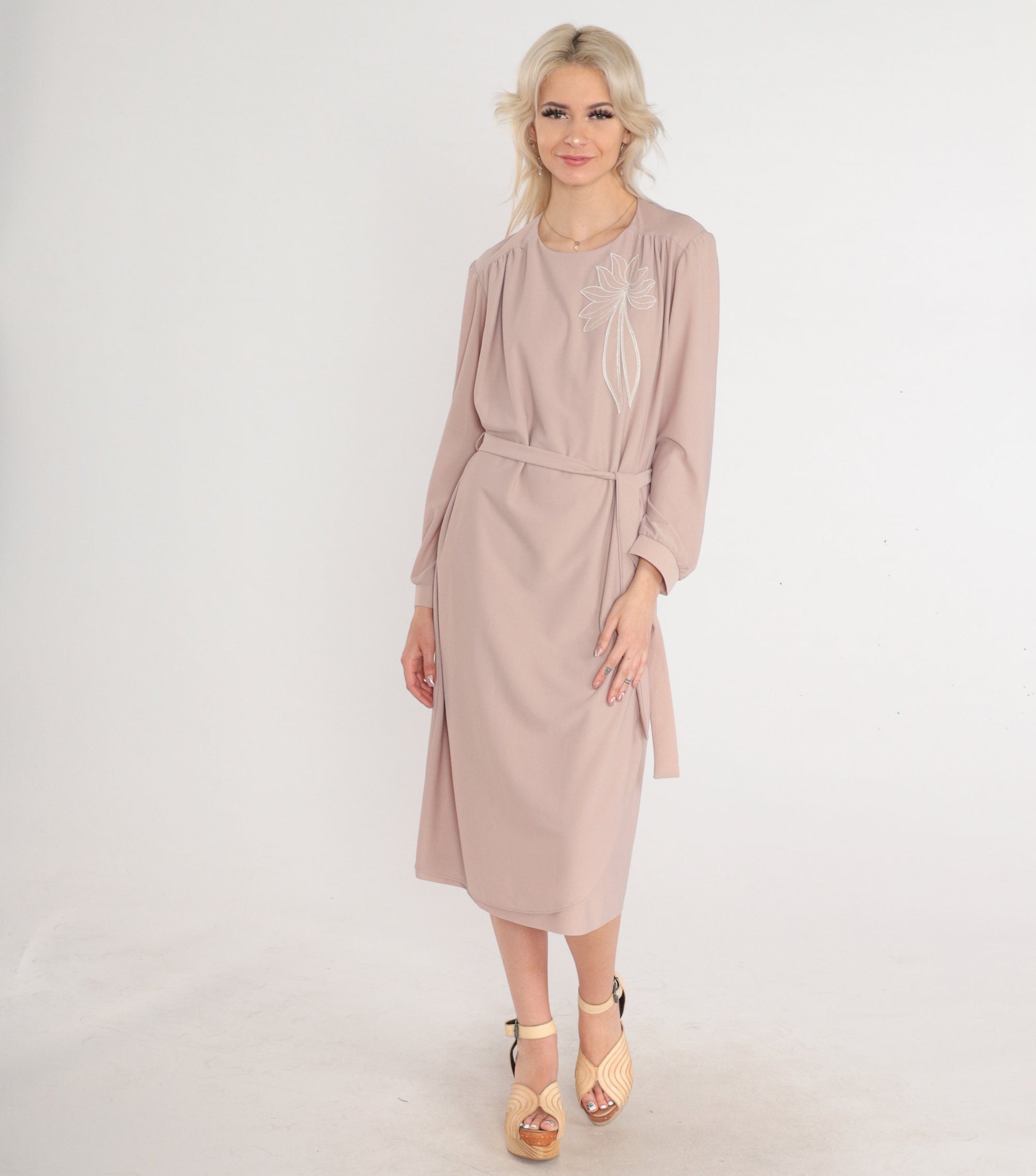 80s Lady Jennifer Taupe Midi Dress Floral Embroidered Long Sleeve Tie Belt Large