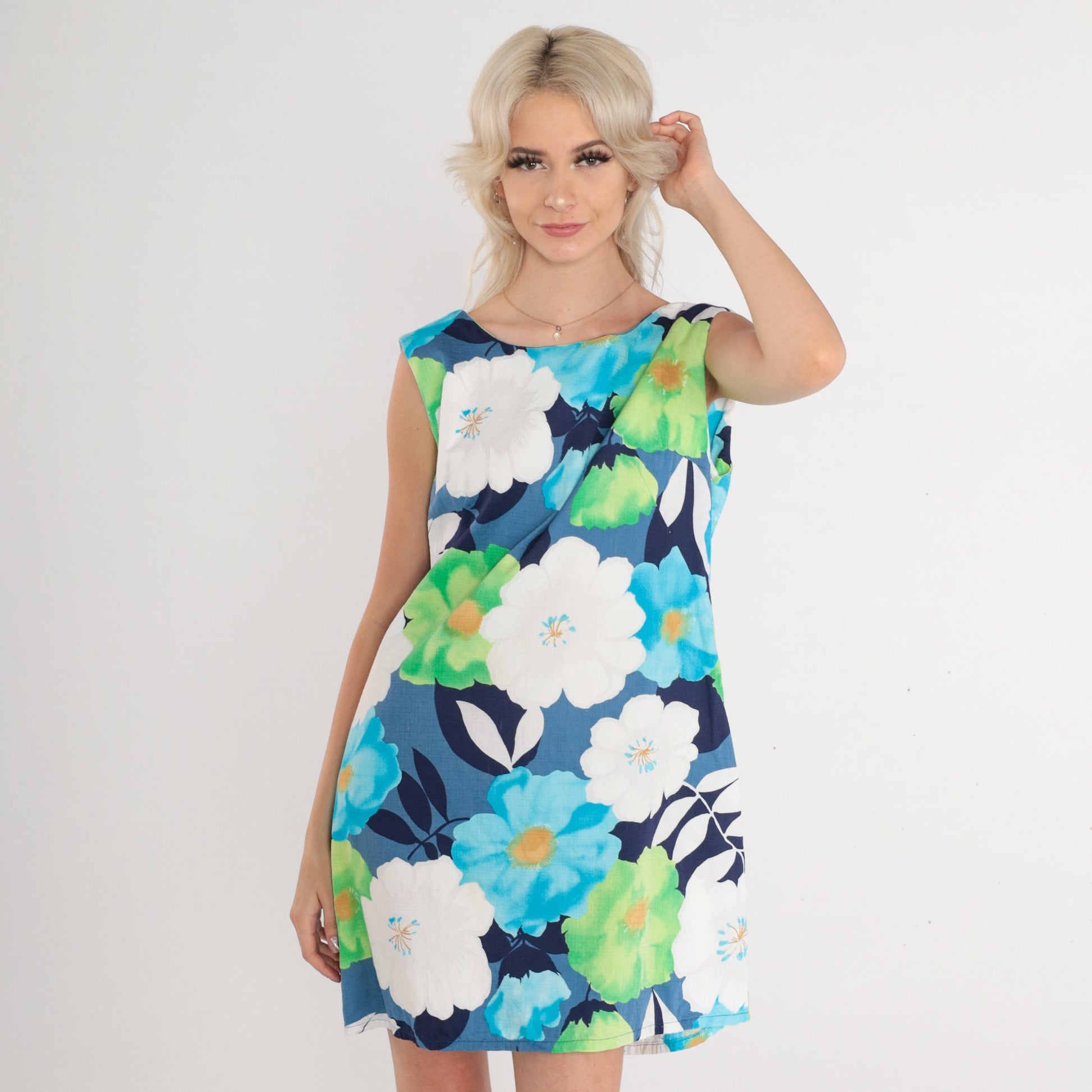 60s Floral Mod Mini Shift Dress Sleeveless Blue Green White Medium M