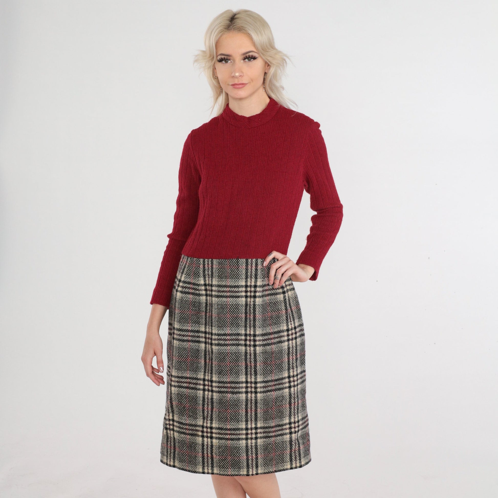 60s Dark Red Plaid Wool Blend Midi Dress Mock Neck Long Sleeve Medium