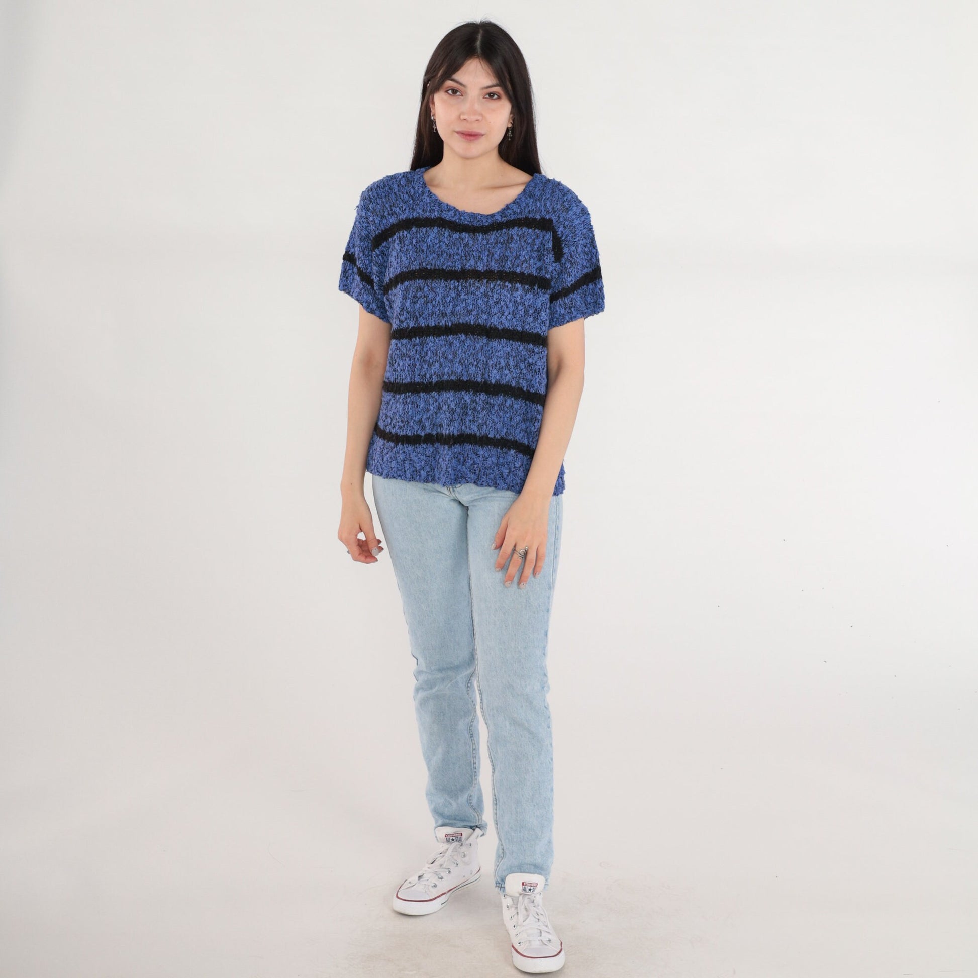 90s Striped Knit Sweater Top Blue Black Short Sleeve Medium M