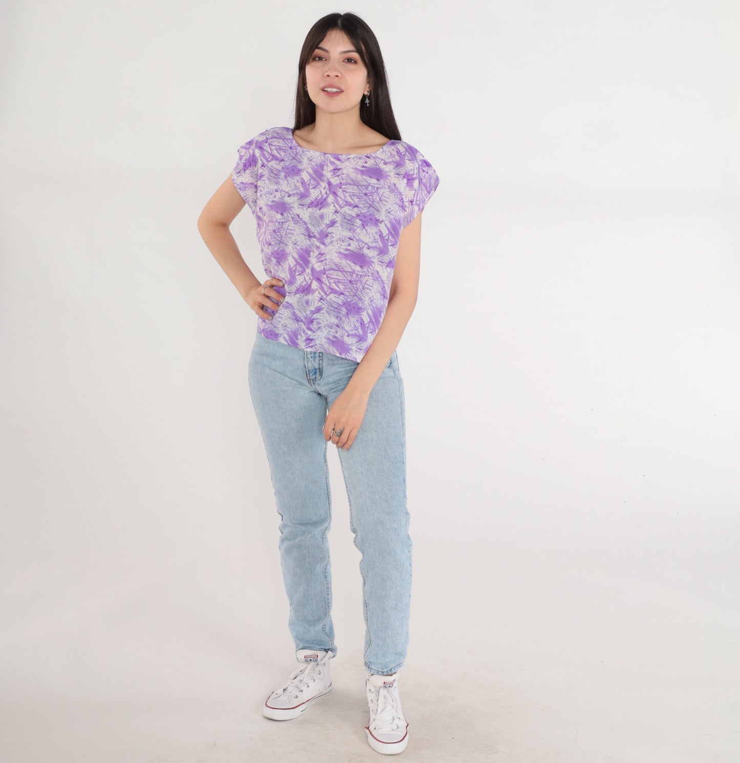 70s Abstract Purple Cream Cap Sleeve Blouse Psychedelic Print Medium