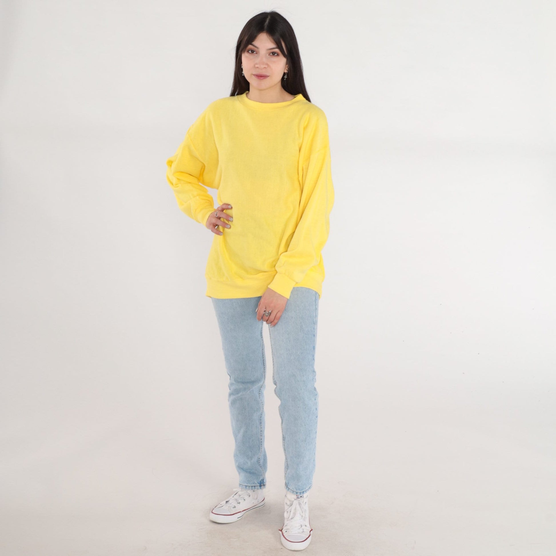 80s Yellow Crewneck Sweatshirt Plain Pullover Large L