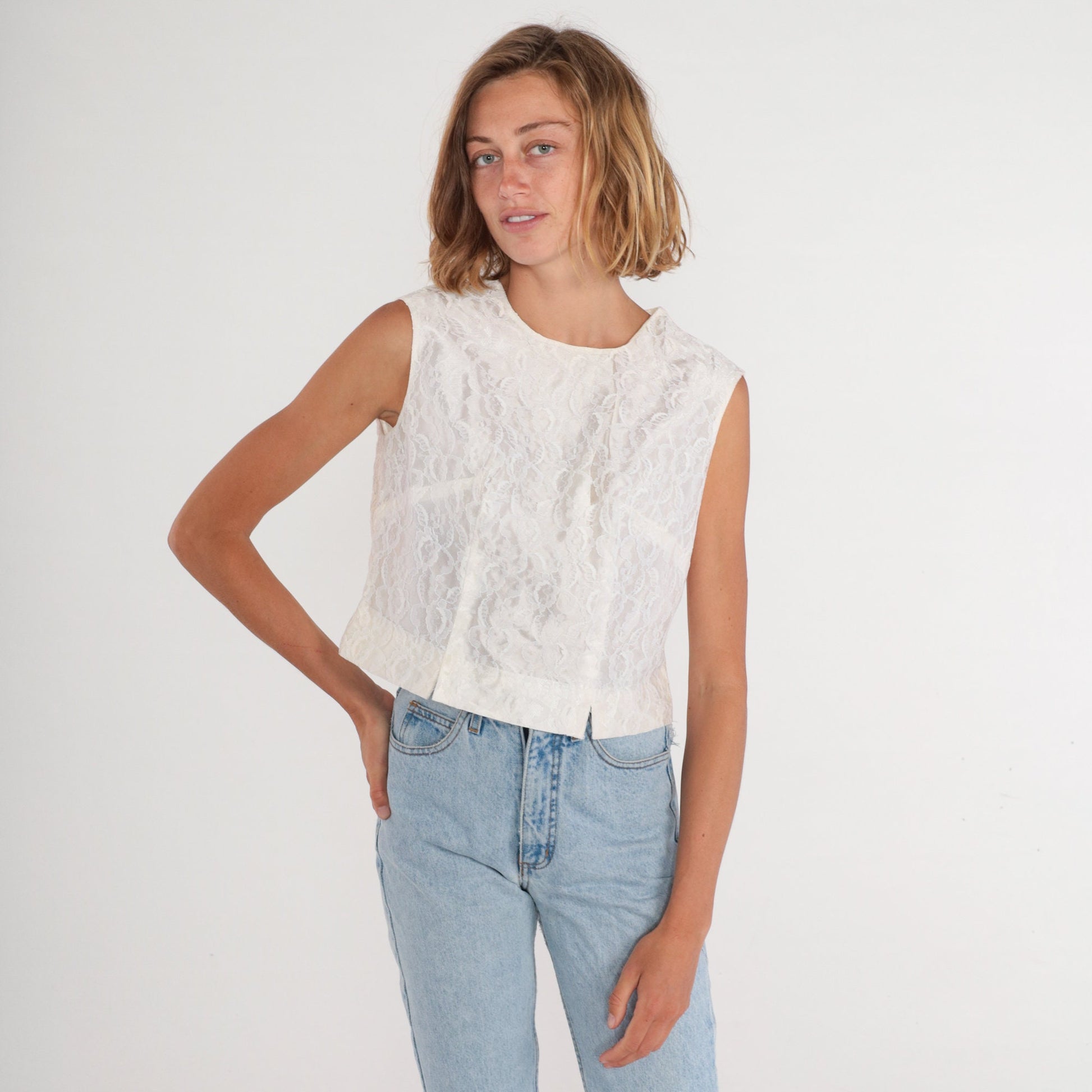 60s White Lace Crop Tank Top Sleeveless Blouse Button Back Medium
