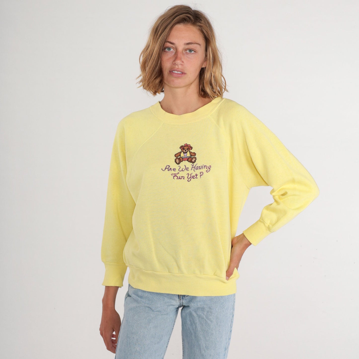 80s Teddy Bear Sweatshirt Yellow Raglan Graphic Crewneck 1X