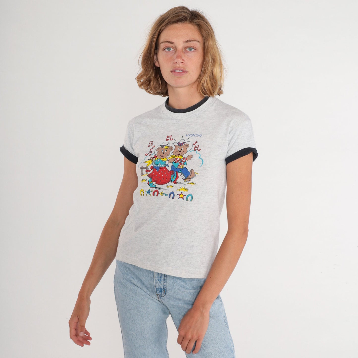 90s Wyoming Cowboy Teddy Bear Graphic T-Shirt Heather Grey Cuffed Sleeve XXS