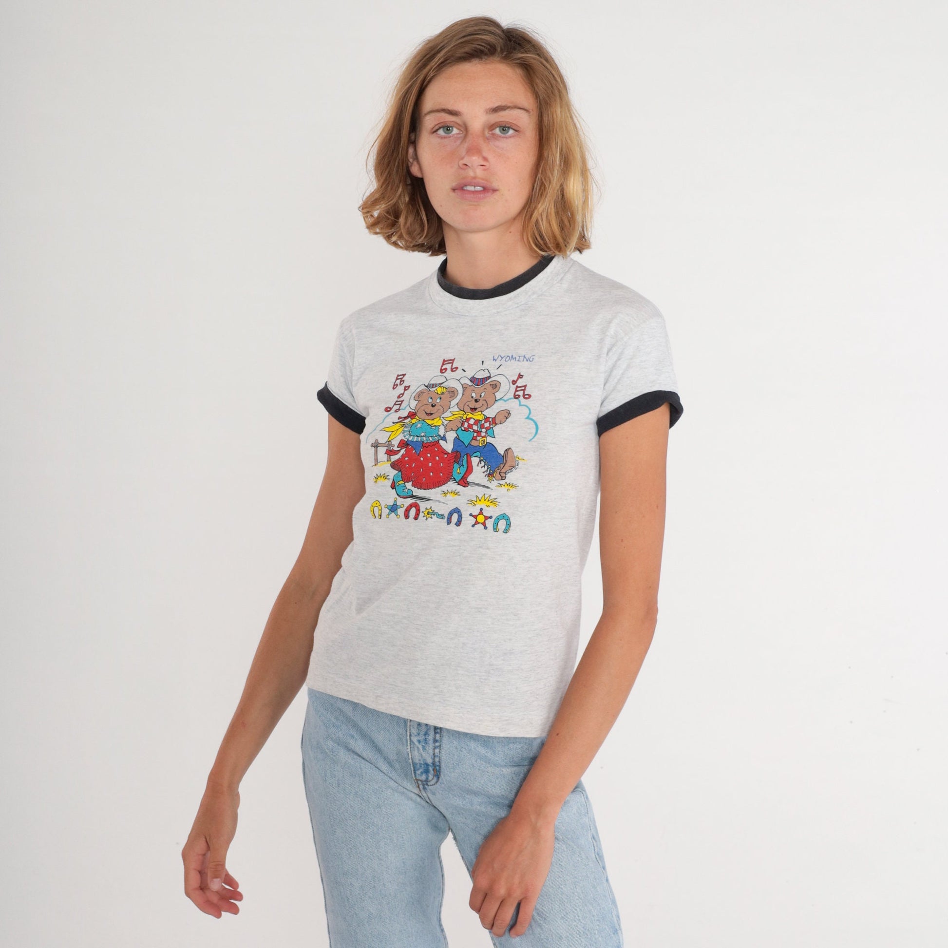 90s Wyoming Cowboy Teddy Bear Graphic T-Shirt Heather Grey Cuffed Sleeve XXS