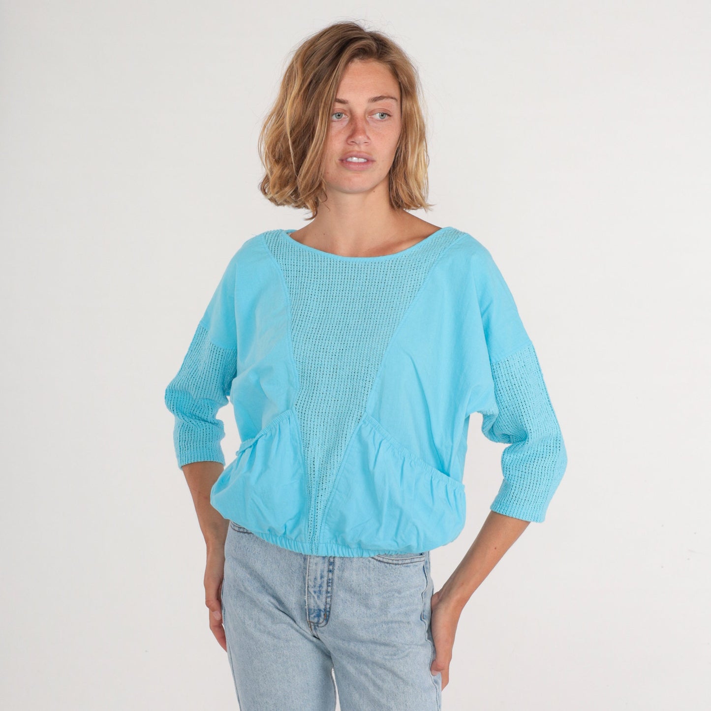 80s Blue Mesh Shirt 3/4 Sleeve Sheer Pocket Blouse Banded Hem Large L