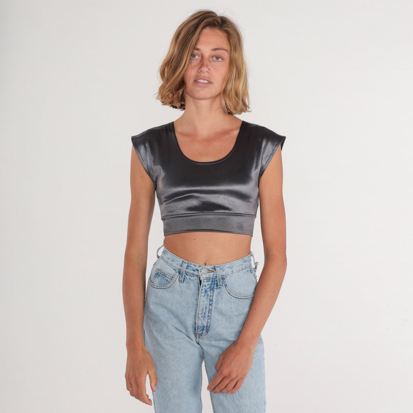 90s Contempo Casual Silver Metallic Crop Top Cap Sleeve Scoop Neck XS