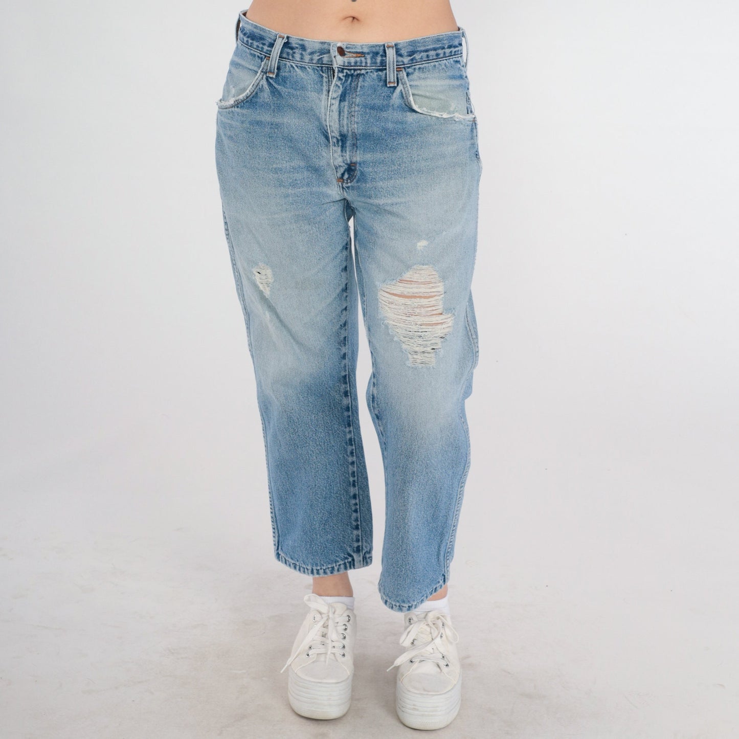 90s Rustler Ripped Blue Denim Jeans Mid Rise Straight Ankle Large