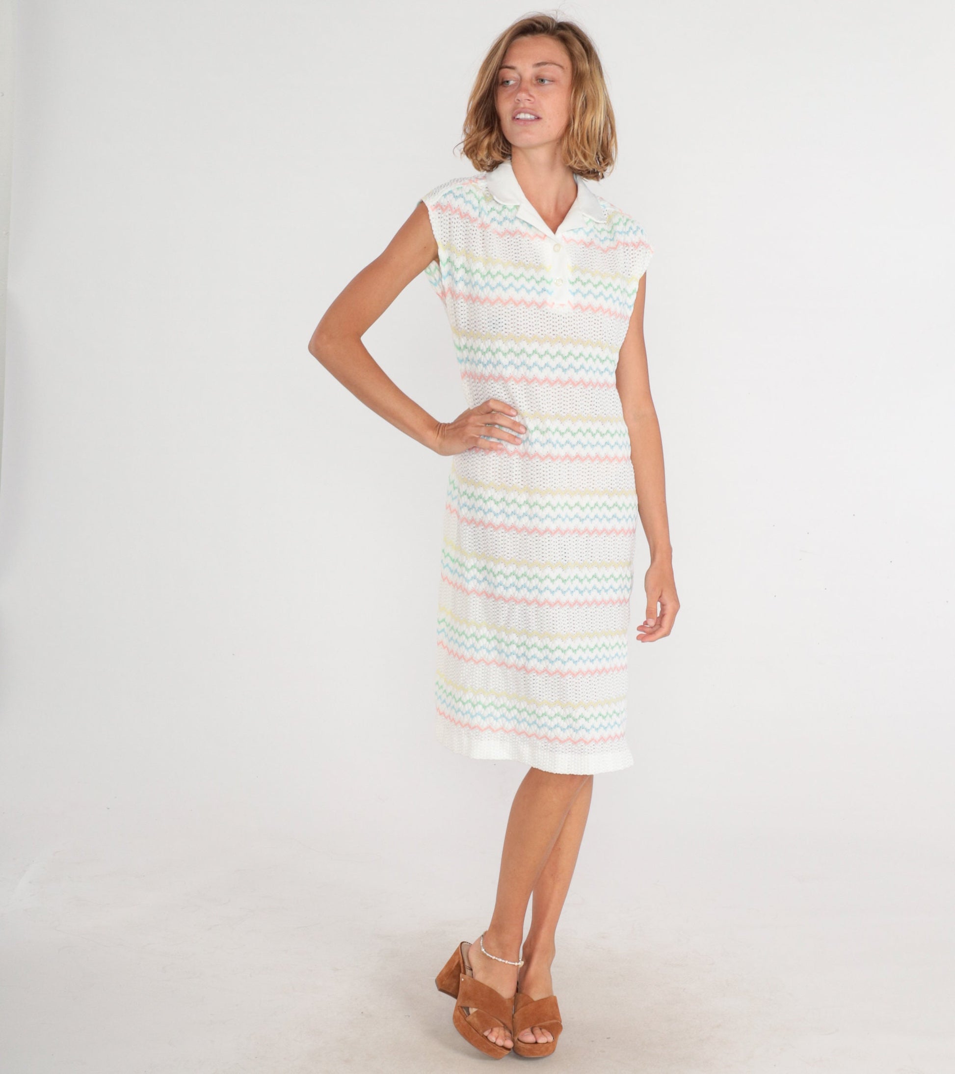 70s White Crochet Midi Dress Pastel Zigzag Striped Collared Cap Sleeve Medium