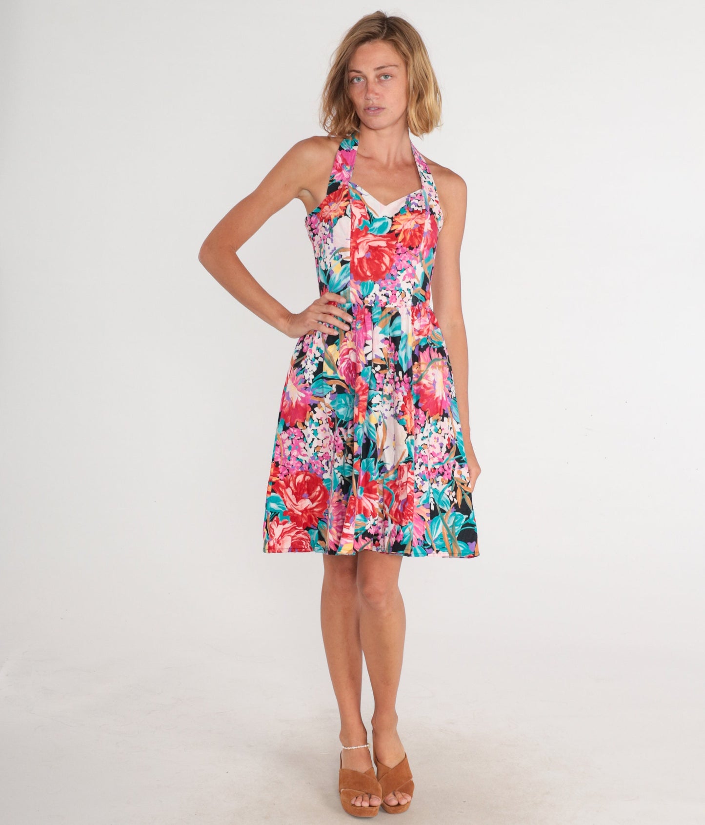 80s Floral Halter Mini Dress Sweetheart Neckline High Waist Full Skirt Extra Small