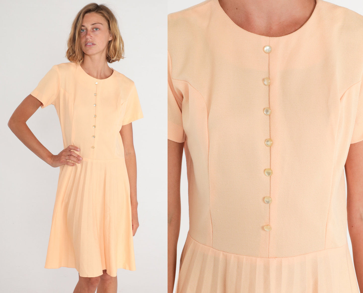 70s Peach Pleated Shirtwaist Dress Button Front High Waisted Knee Length Medium Large