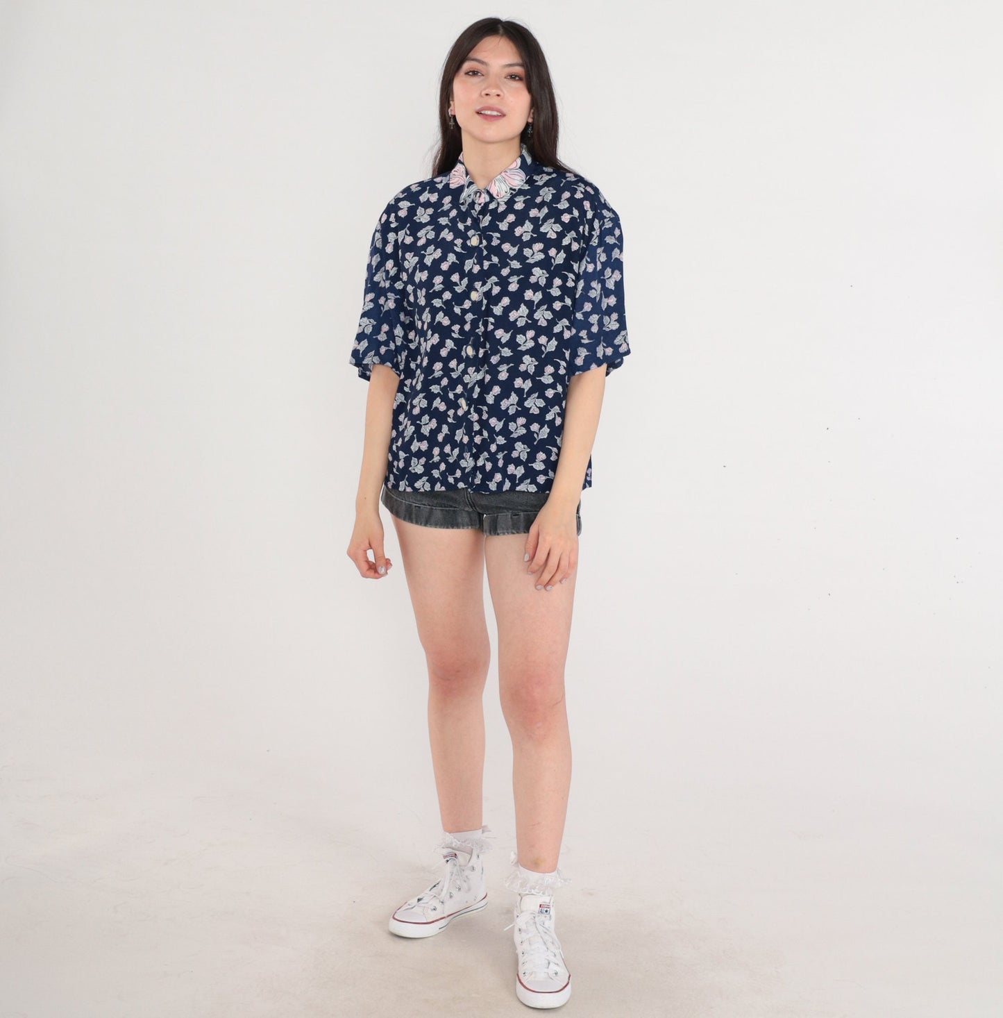 90s Navy Floral Button-Up Blouse Short Sleeve Collared Shirt Large L