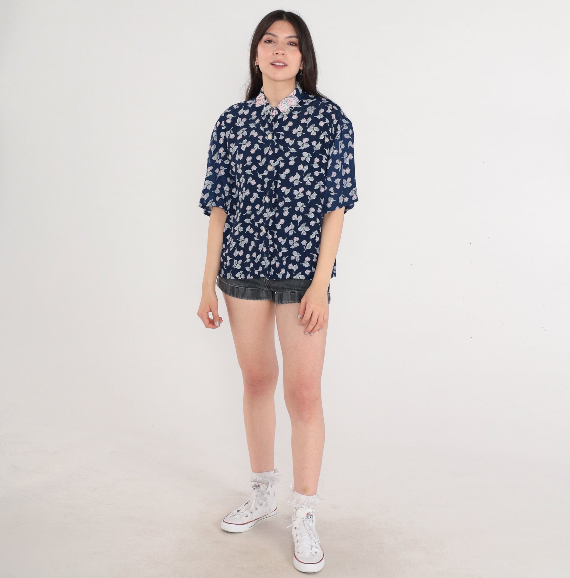 90s Navy Floral Button-Up Blouse Short Sleeve Collared Shirt Large L