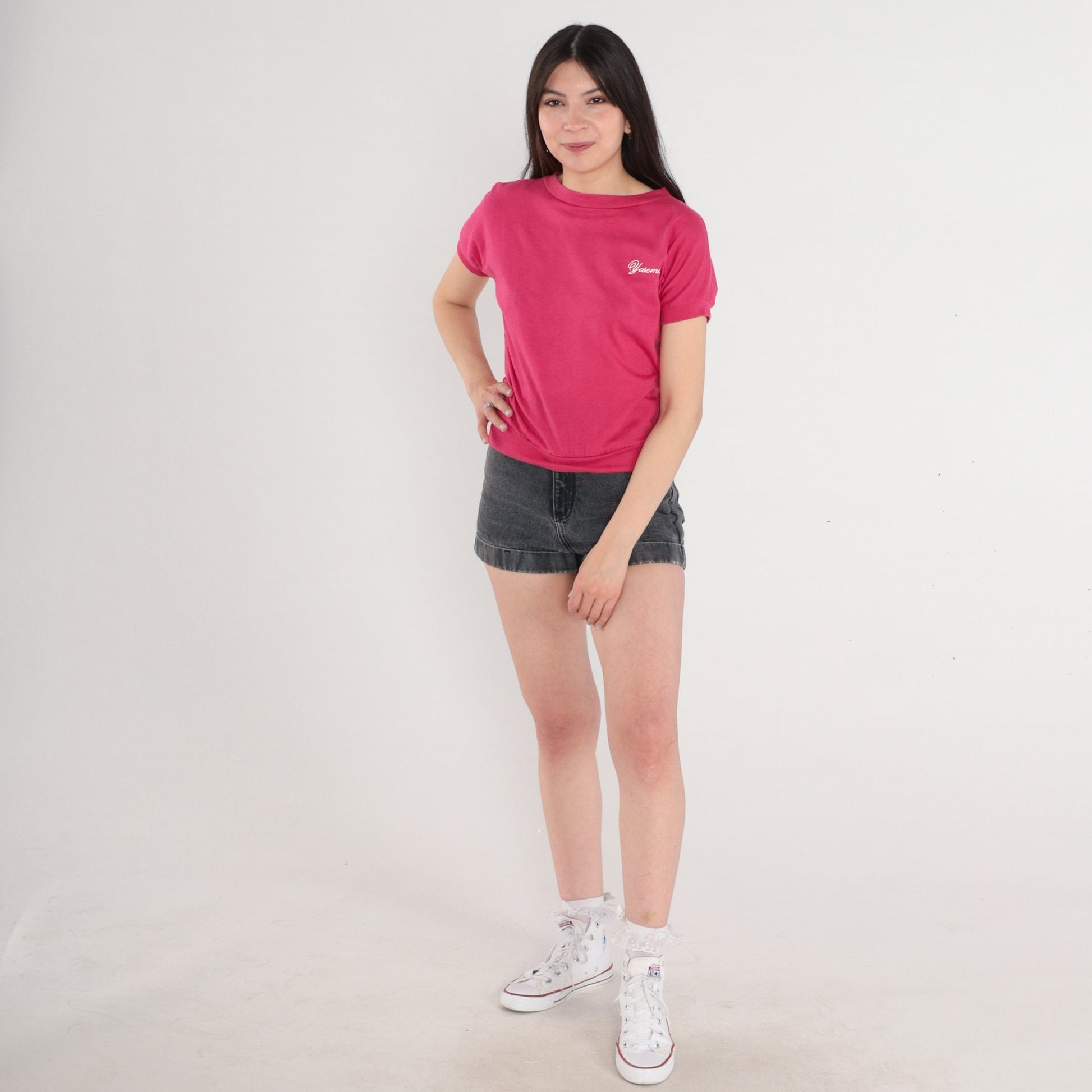 80s Yosemite National Park Embroidered T-Shirt Fuchsia Pink Banded Hem Small