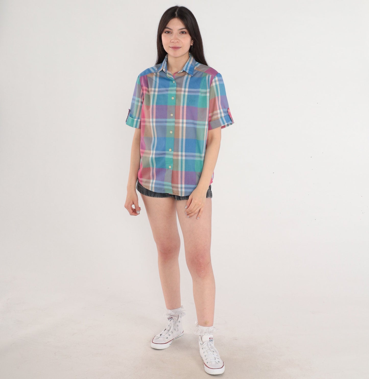 80s Russ Checkered Button-Up Blouse Green Blue Pink Plaid Medium