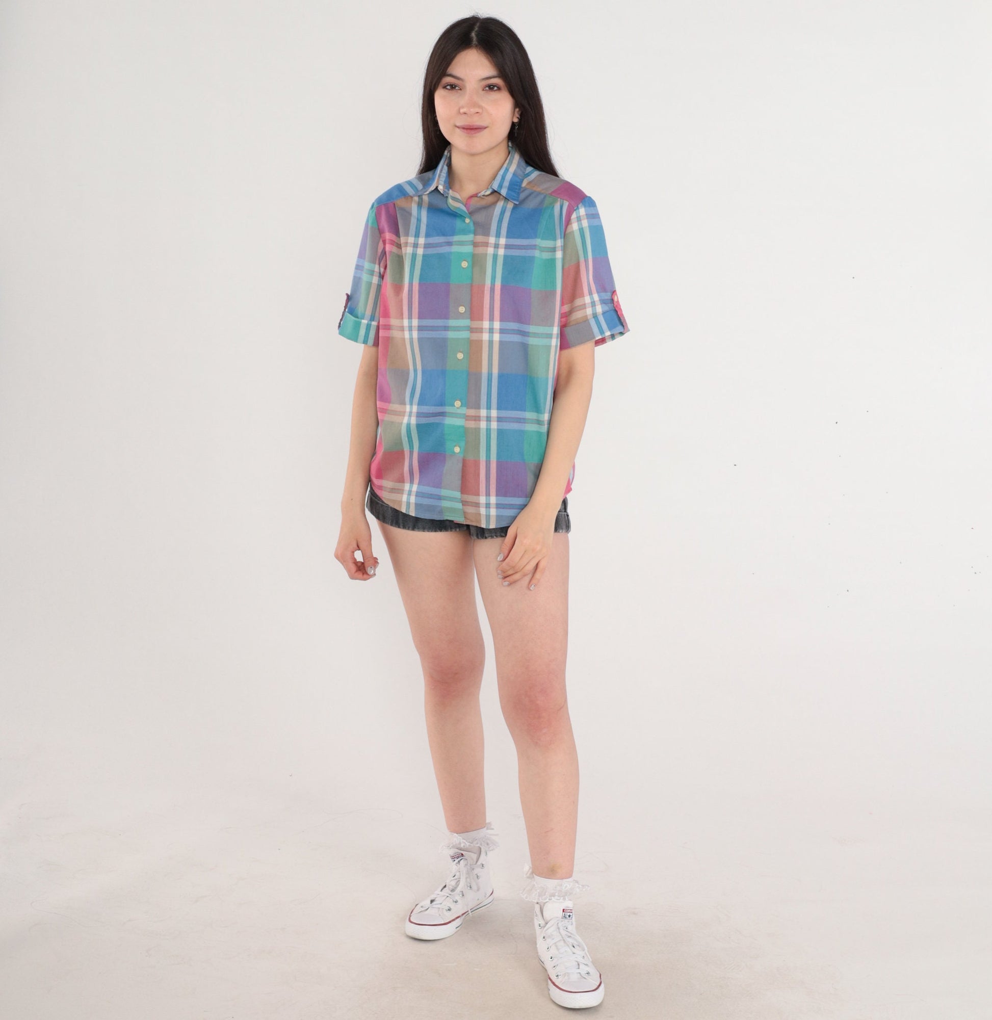80s Russ Checkered Button-Up Blouse Green Blue Pink Plaid Medium