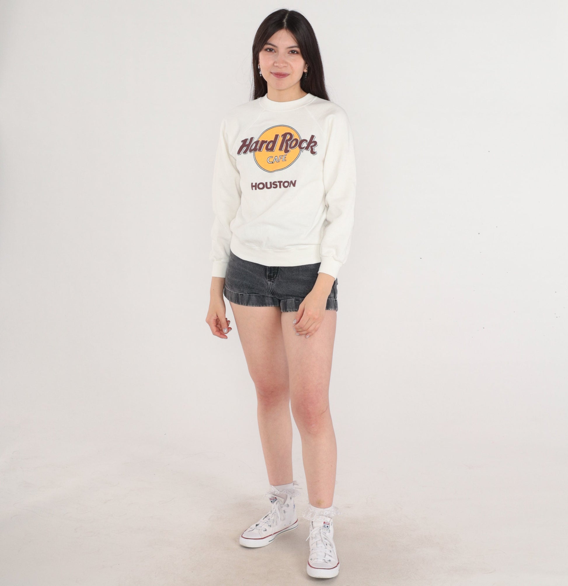 90s Hard Rock Cafe Houston Raglan Sweatshirt White Graphic Pullover Small