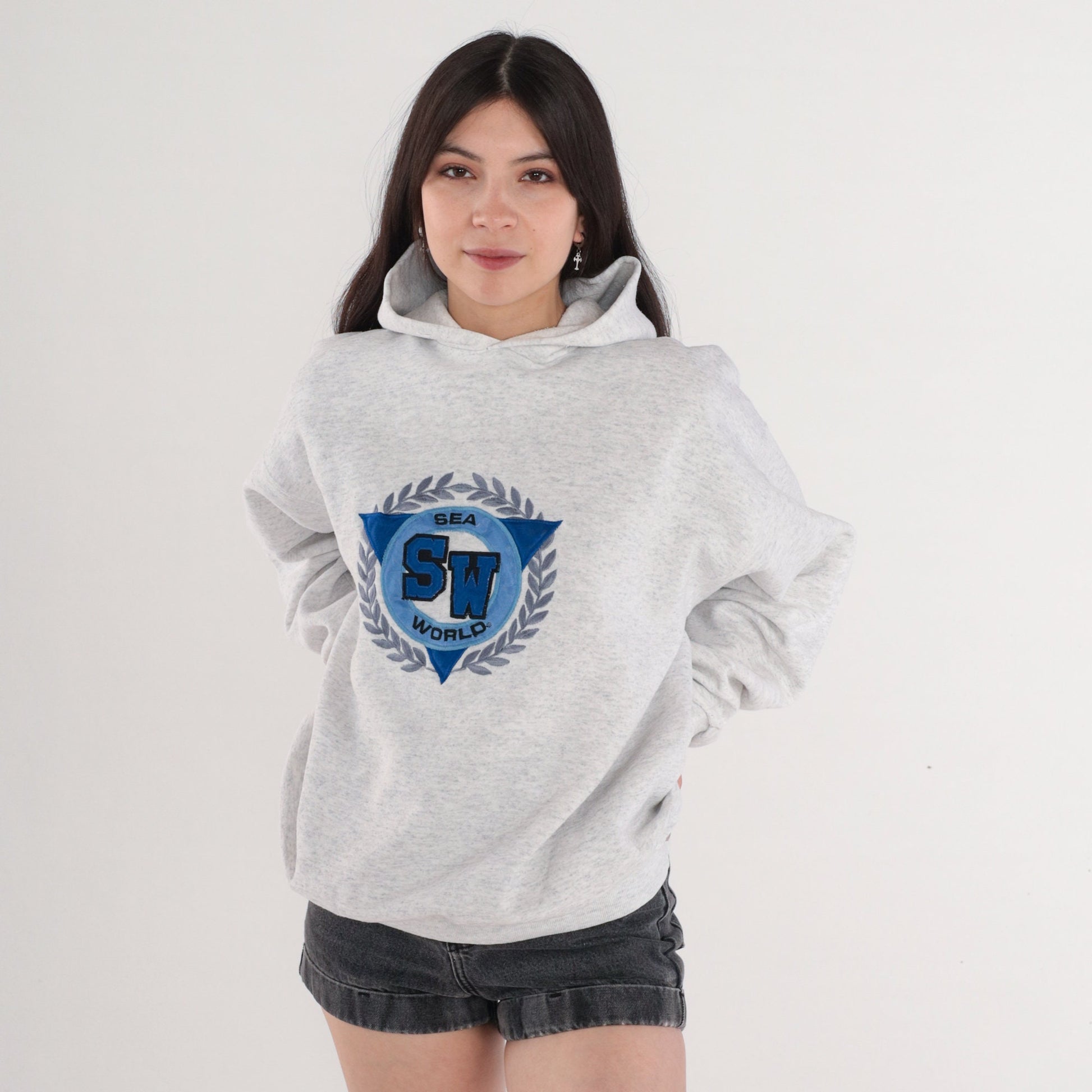 80s Sea World Hoodie Heather Grey Graphic Sweatshirt Men's Large