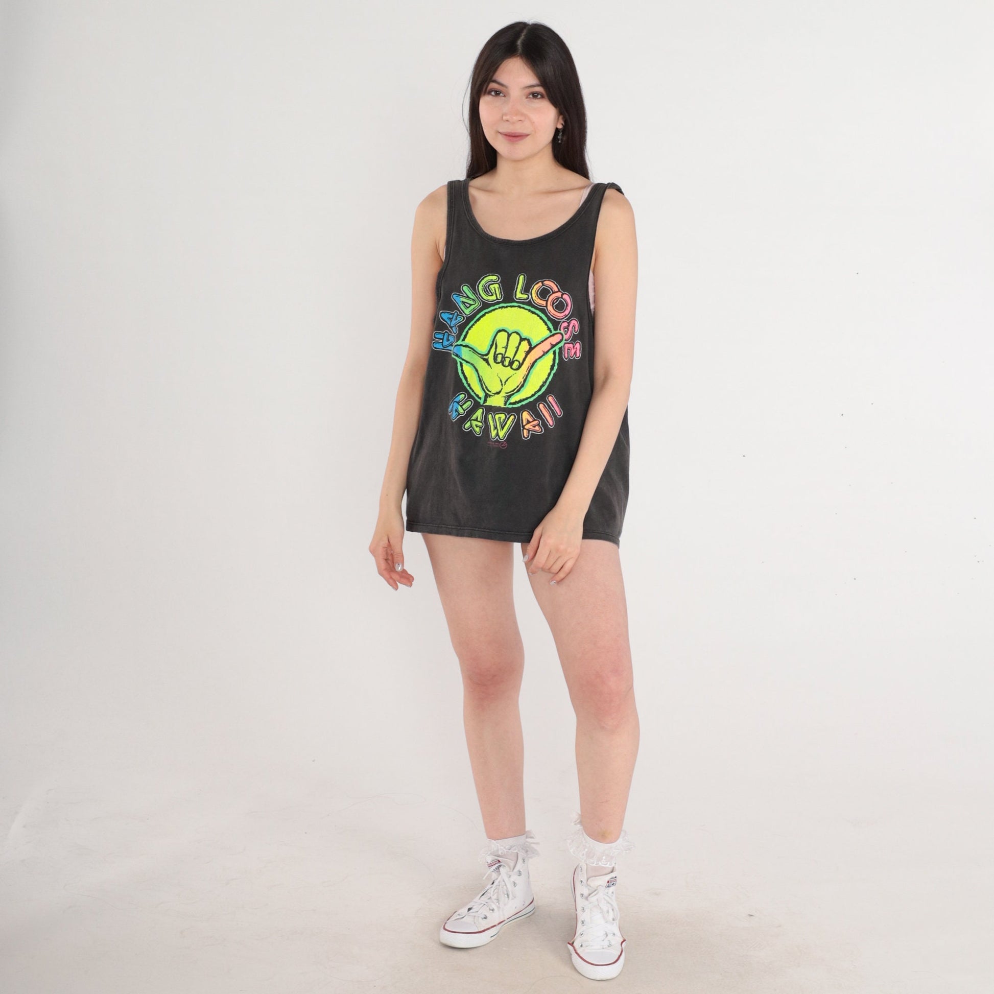 80s Hang Loose Hawaii Shaka Graphic Tank Top Black Neon Medium Large
