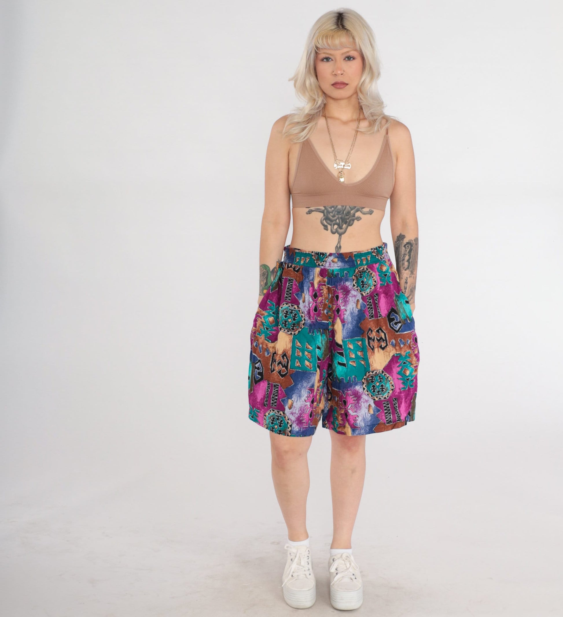 90s Abstract Geometric Print High-Waist Shorts Wide Leg Pink Green Medium Large