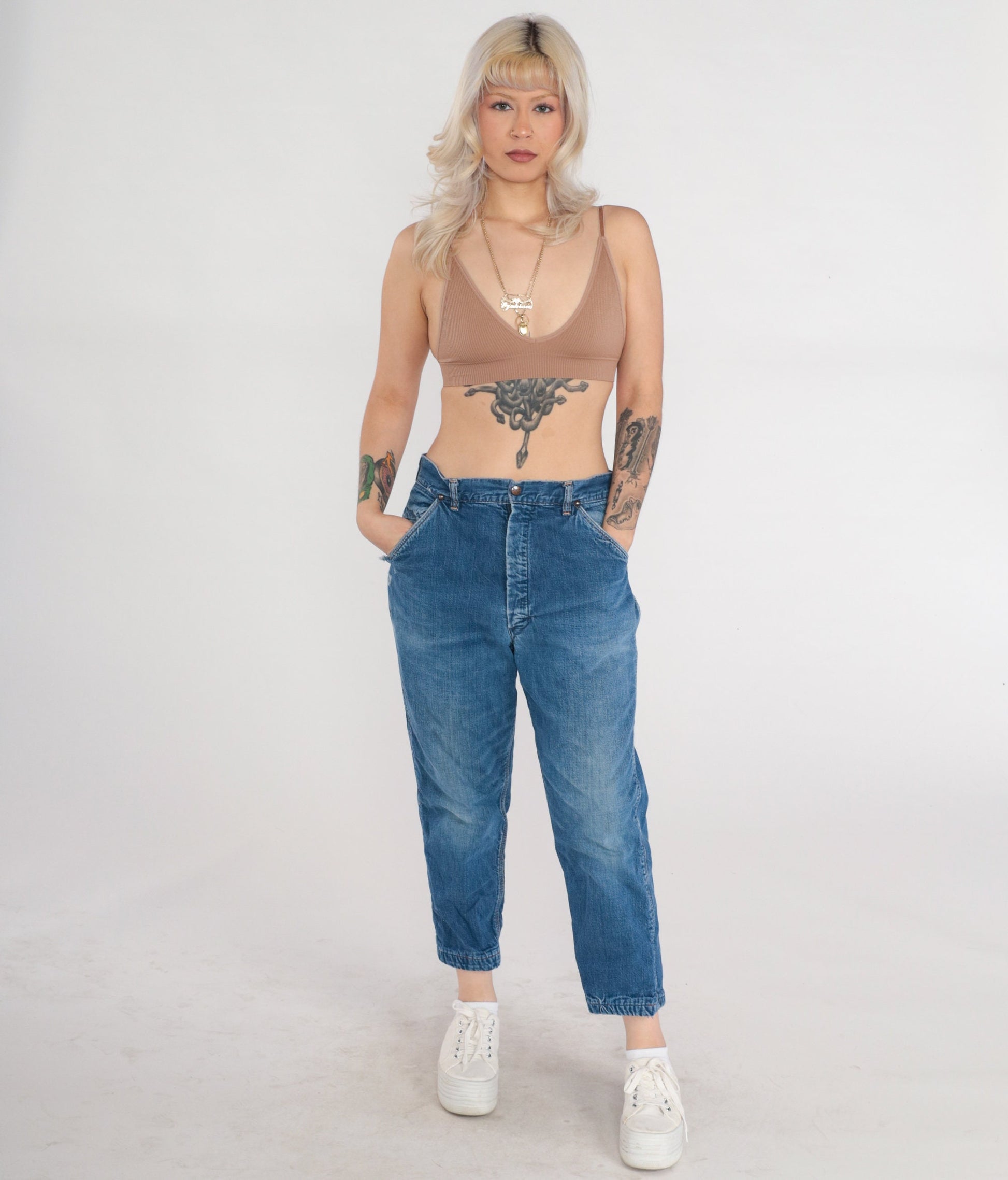 70s High Waist Tapered Ankle Jeans Blue Denim Elastic Cuff Medium M