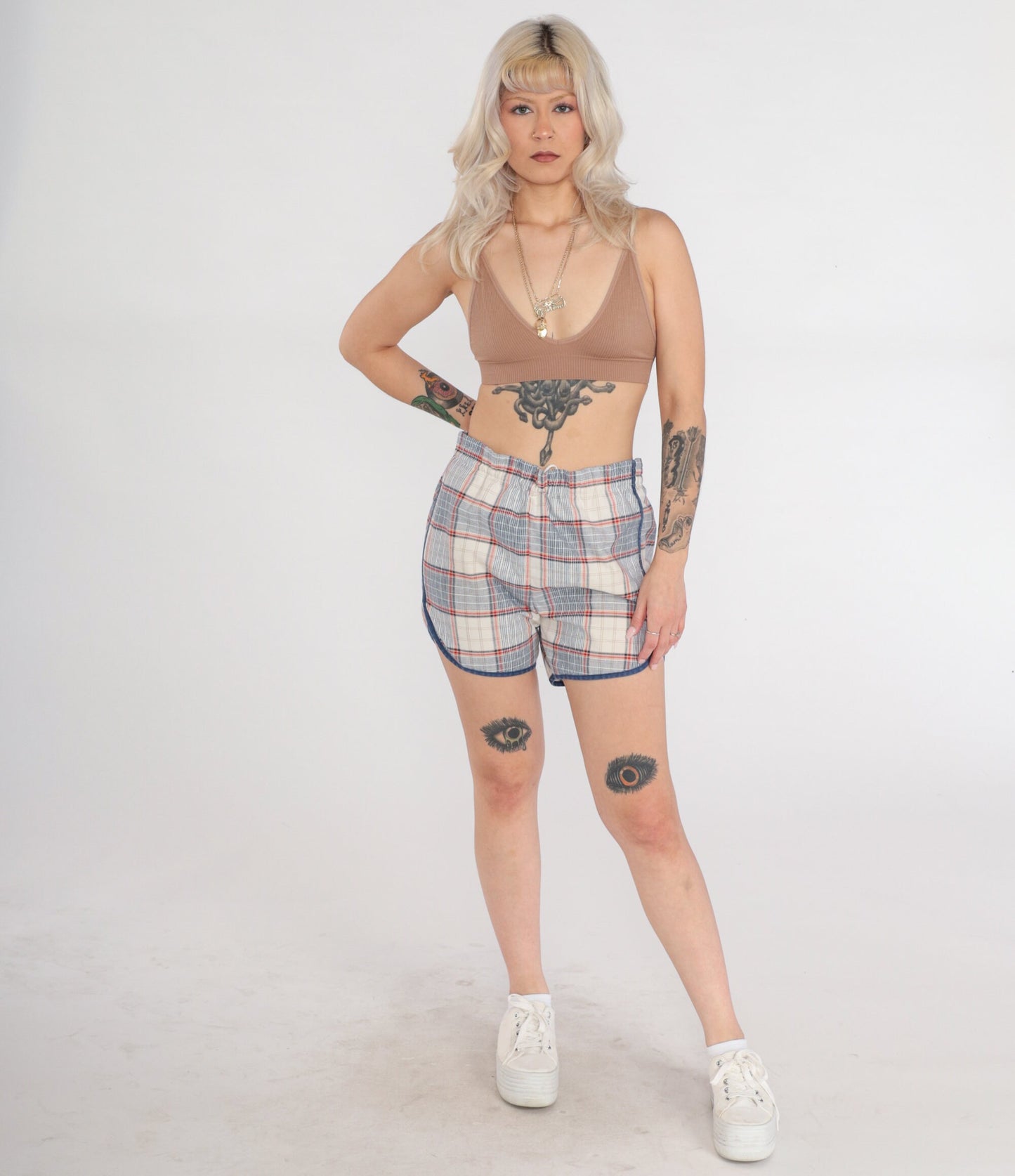 90s Plaid Swim Shorts Drawstring Board Shorts Lined Dolphin Cut Large L