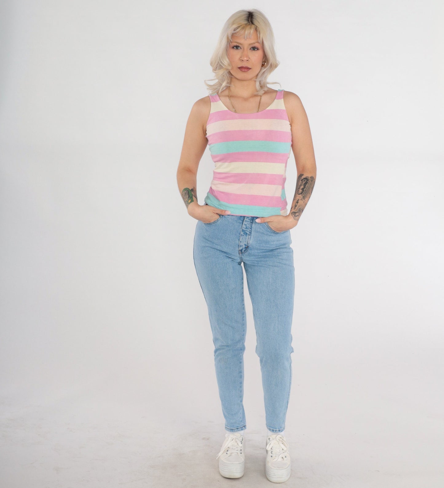 80s Striped Tank Top Multicolor Pink Blue Sleeveless Cotton Extra Small