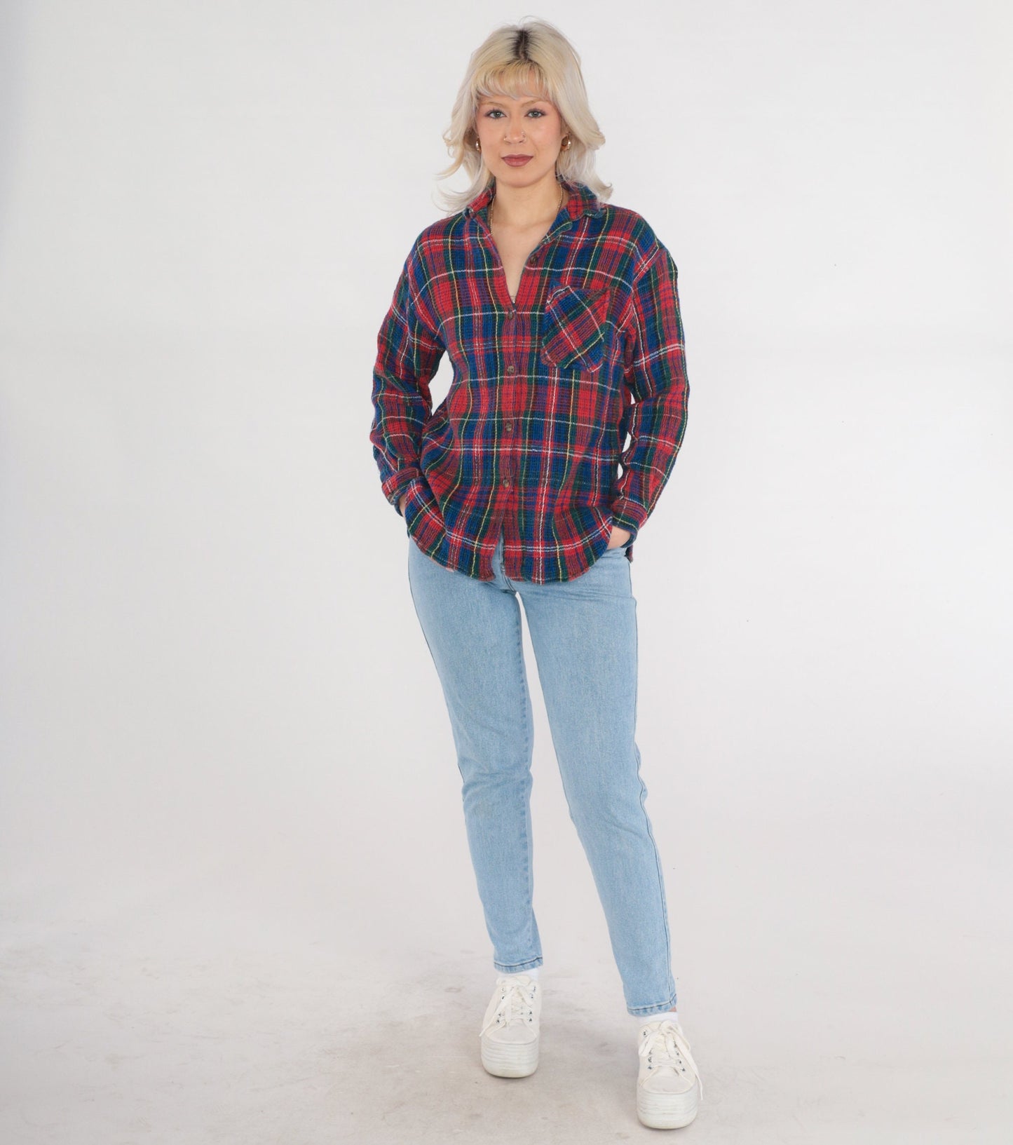 90s Boom Clothing Plaid Button Up Blouse Blue Red Checkered Cotton Small S