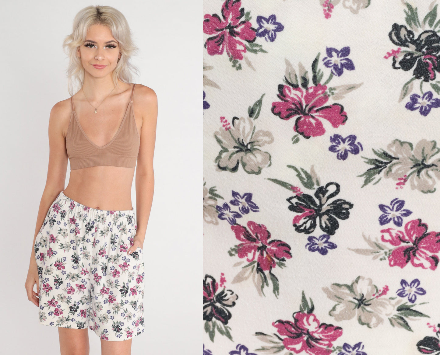 90s Hibiscus Floral Shorts White Tropical High Waist Small