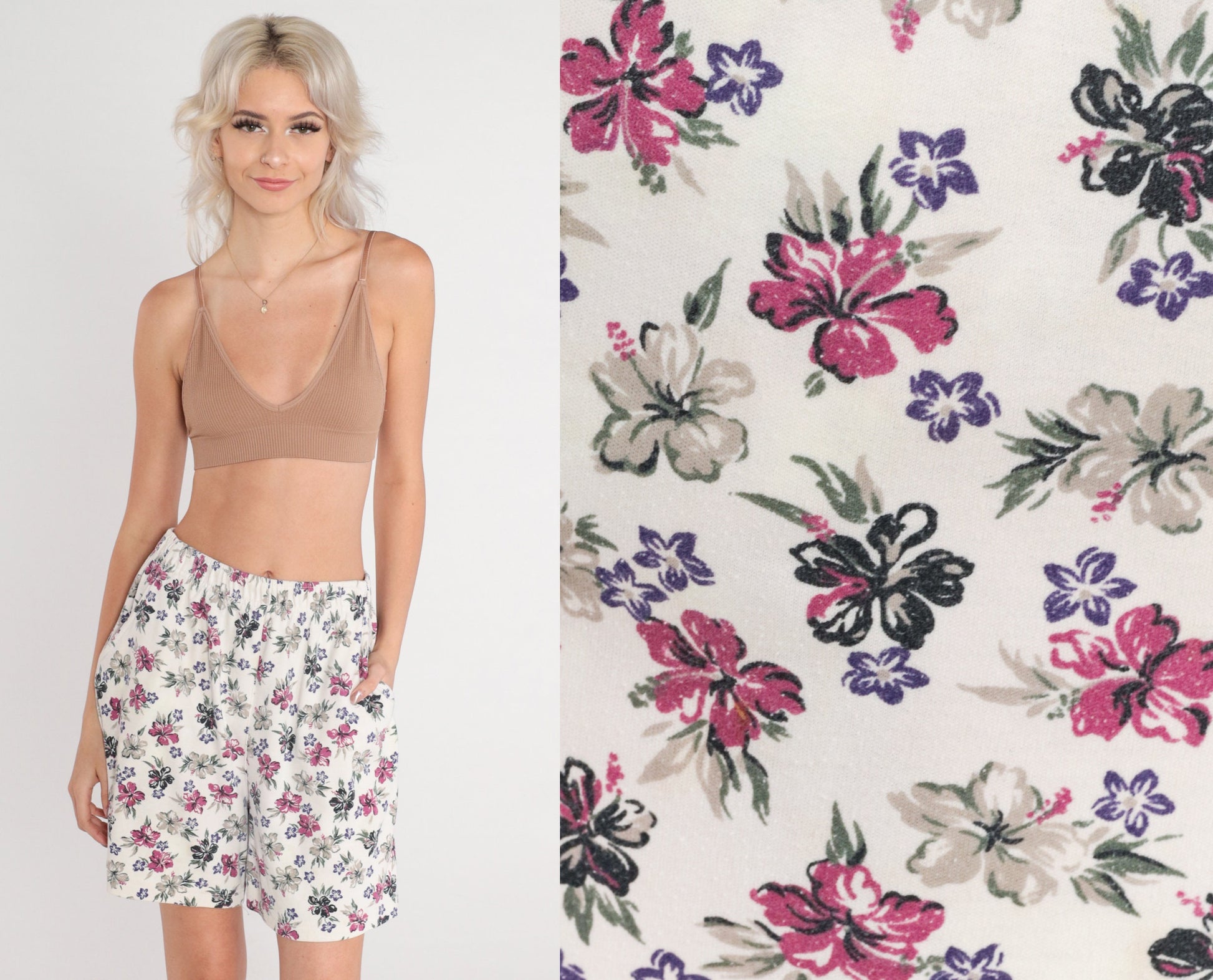 90s Hibiscus Floral Shorts White Tropical High Waist Small