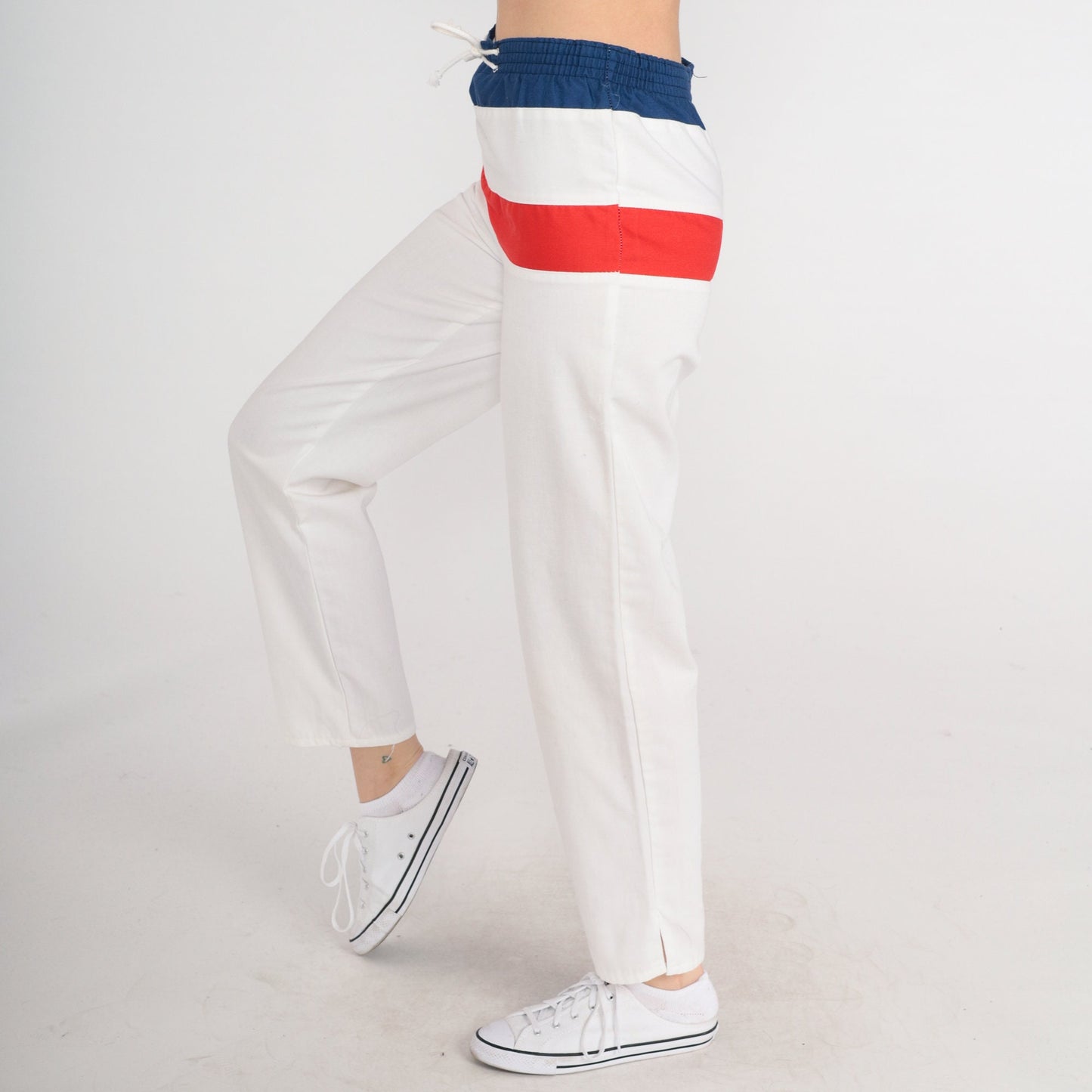 80s White Striped Track Pants Red Blue Elastic Waist Extra Small XS