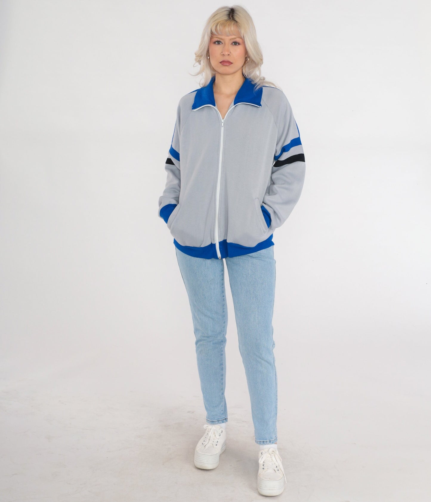 80s Grey Track Jacket Blue Black Striped Zip Up Sweatshirt Large
