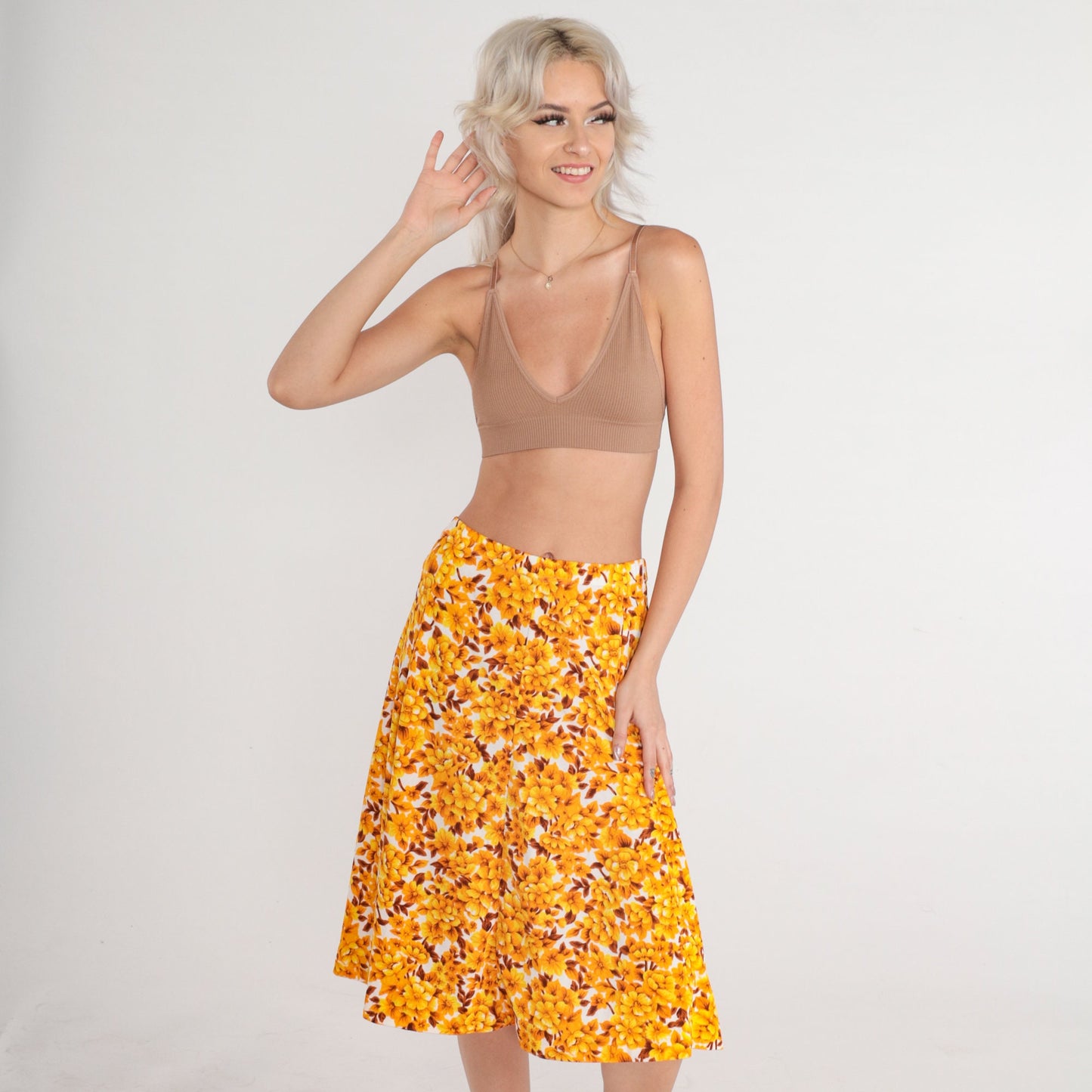 80s Floral Midi Skirt High Waist A-Line White Yellow Orange Small Medium