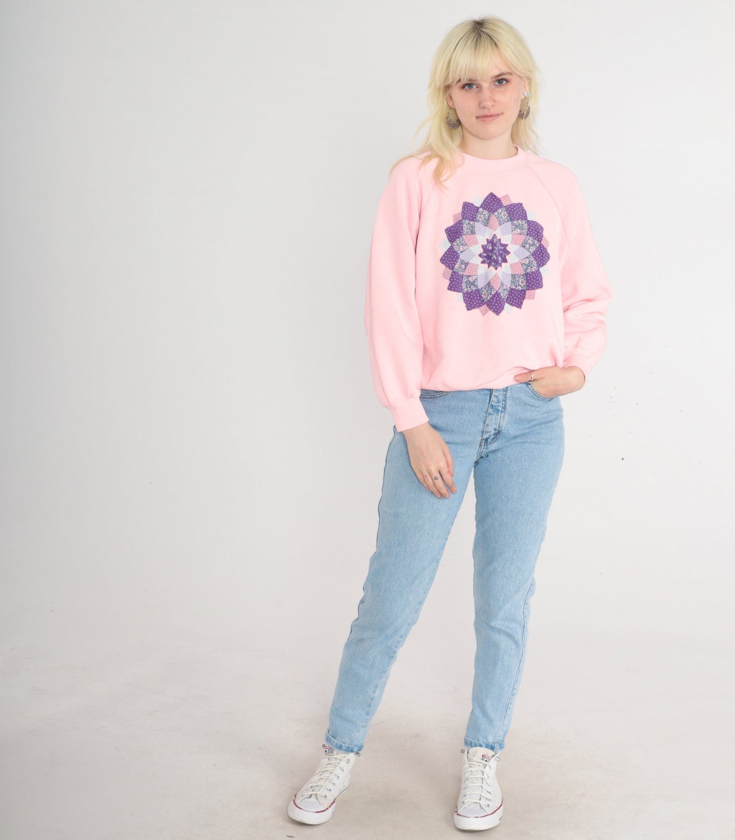 80s Quilted Floral Mandala Sweatshirt Baby Pink Raglan Crewneck Large