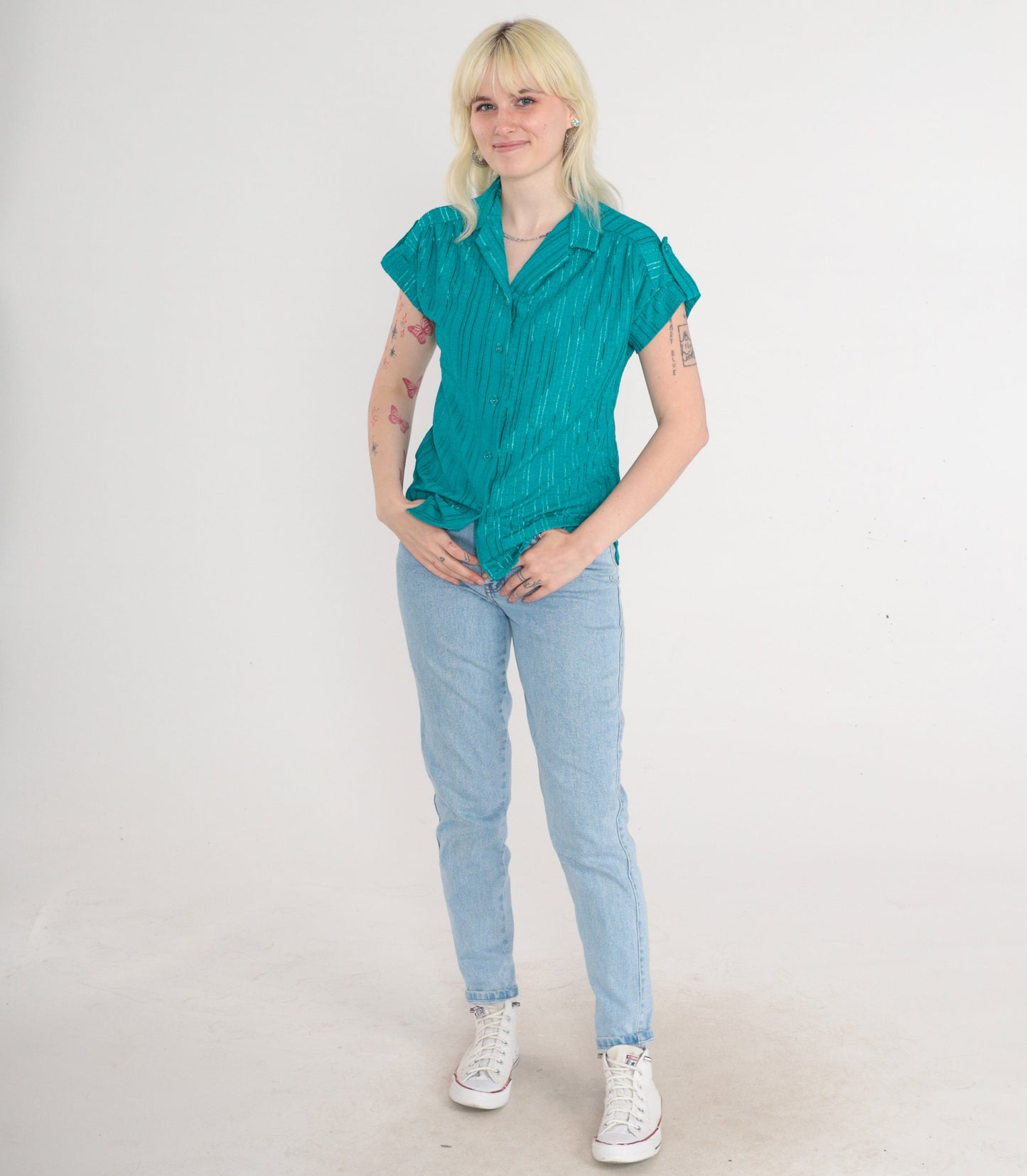80s Teal Green Striped Button-Up Blouse Cap Sleeves V-Neck Small