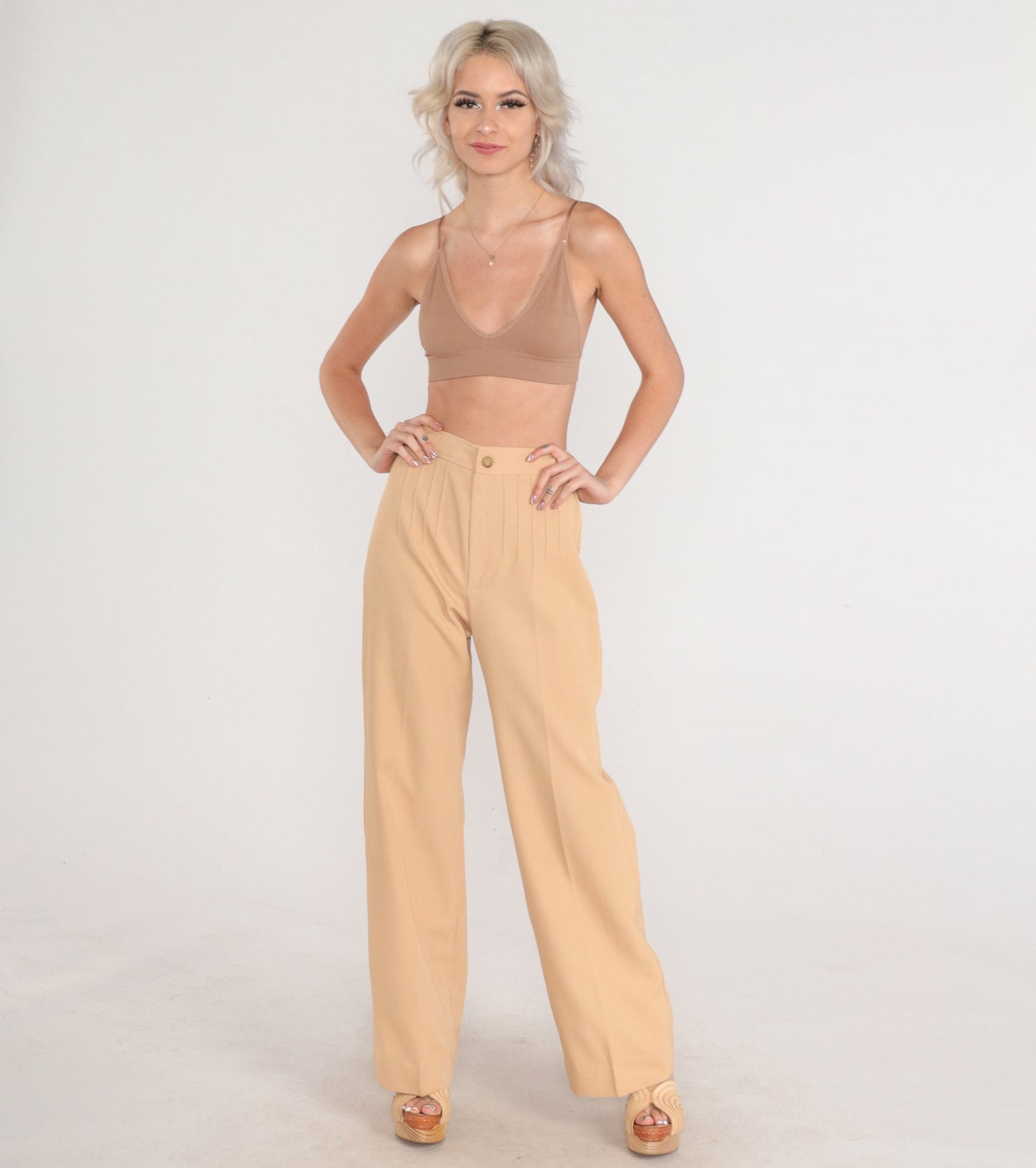 70s Tan High-Waisted Straight Leg Trousers Pleated Crease Extra Small