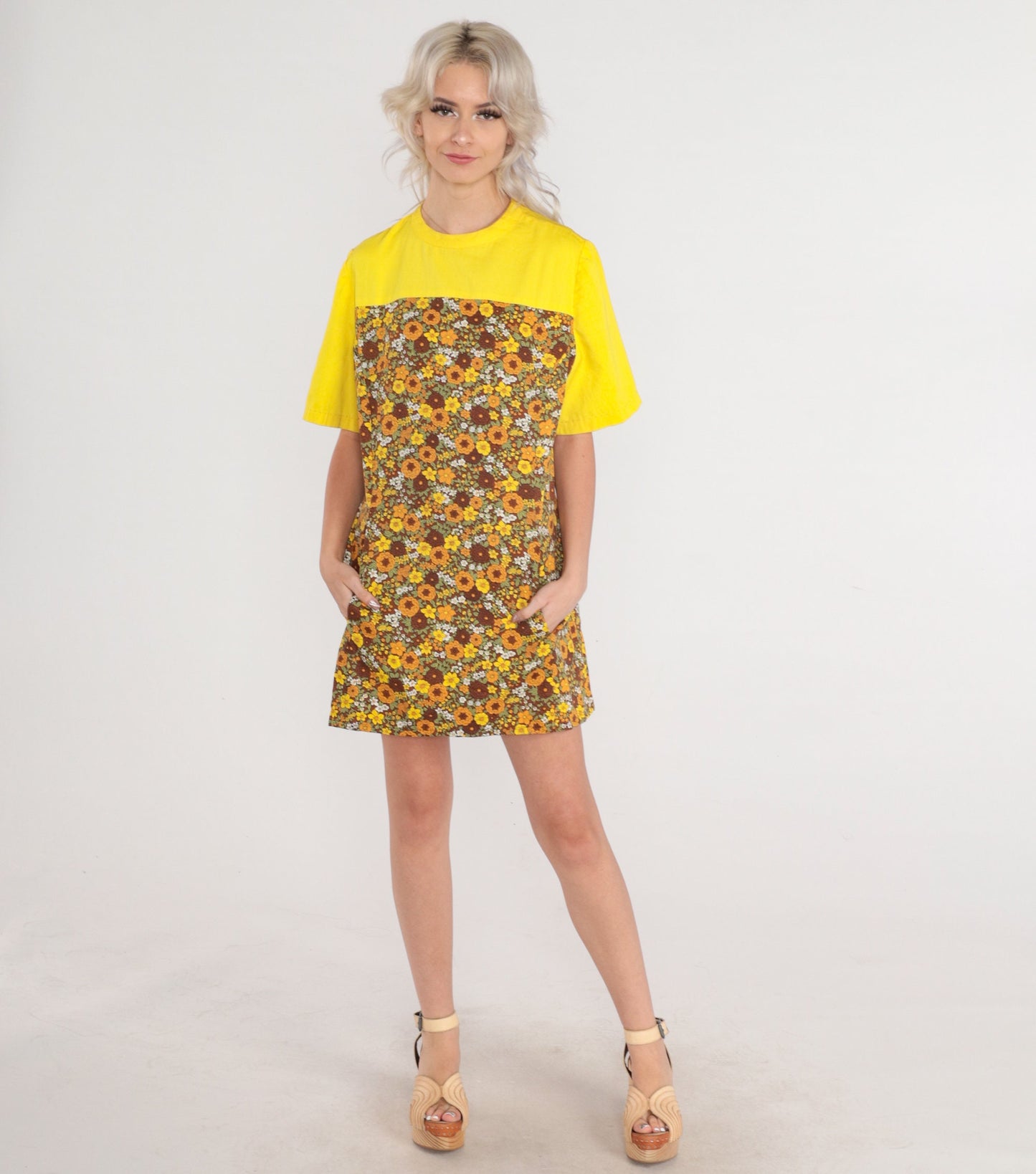 60s Floral Shift Mini Dress Yellow Yoke Short Sleeve Petite Medium