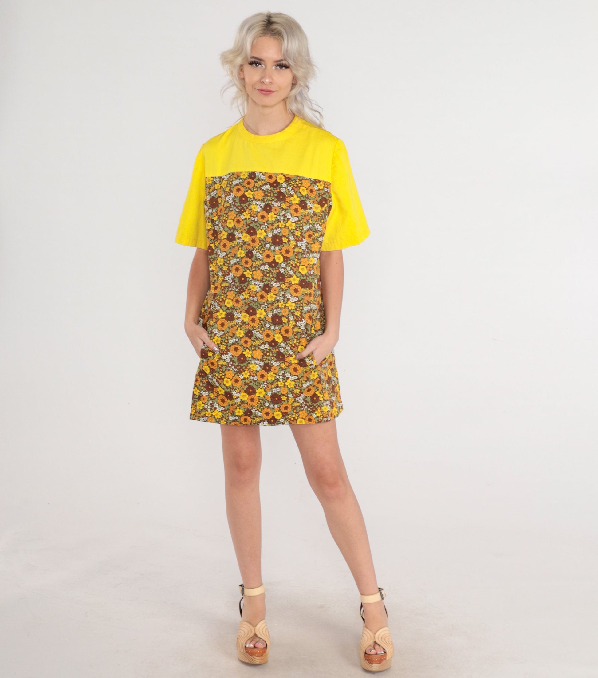 60s Floral Shift Mini Dress Yellow Yoke Short Sleeve Petite Medium
