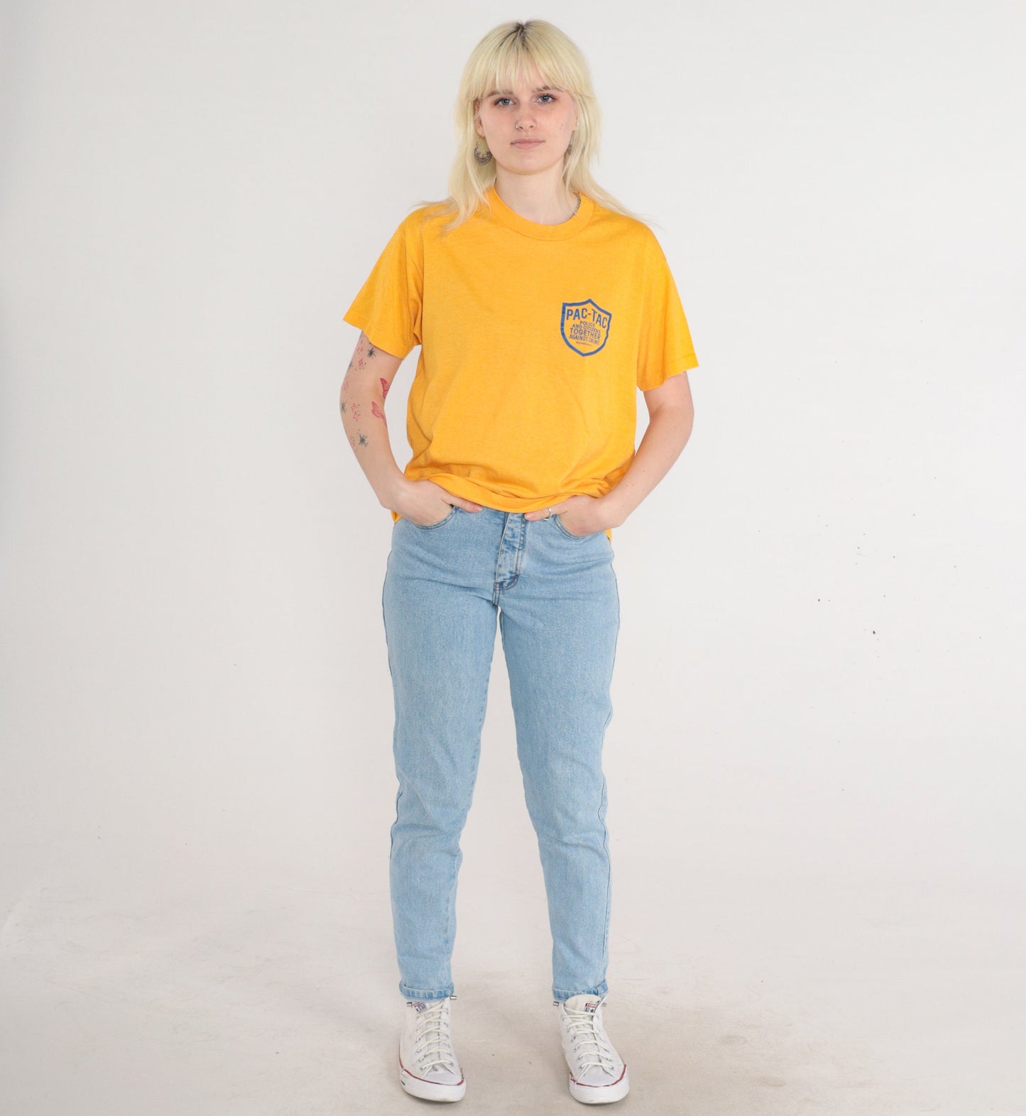 80s Rochester PAC-TAC Police Graphic T-Shirt Yellow Single Stitch Medium